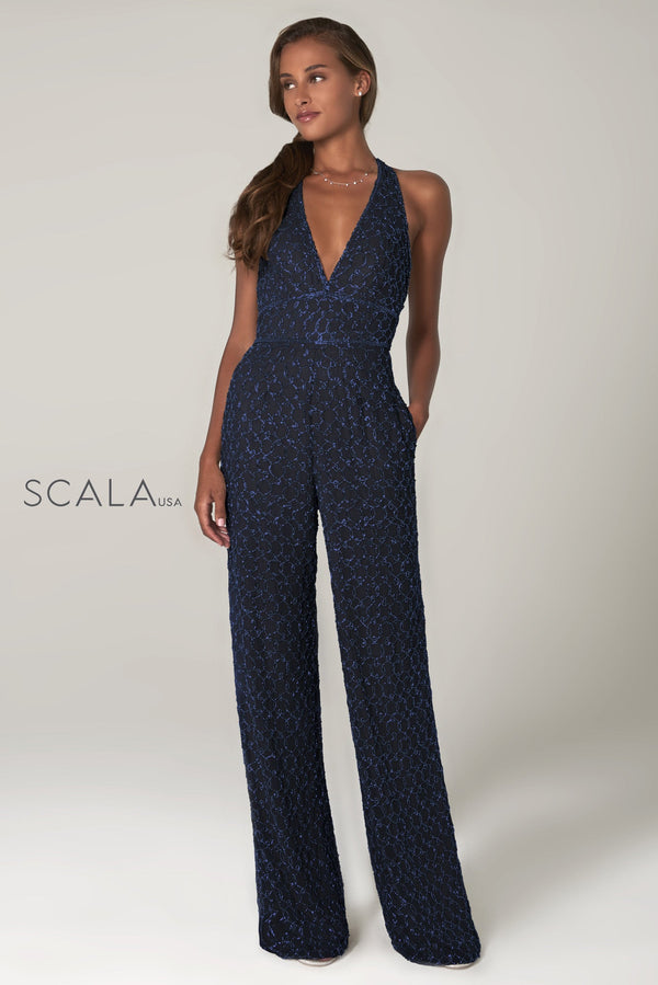 Plunging Halter Long Sequin Lace Jumpsuit by Scala 60132