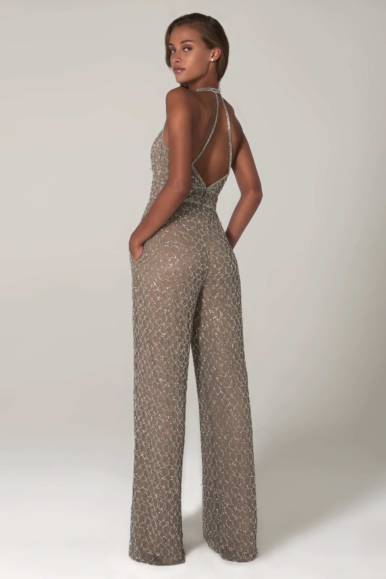 Plunging Halter Long Sequin Lace Jumpsuit by Scala 60132 in Lead Silver