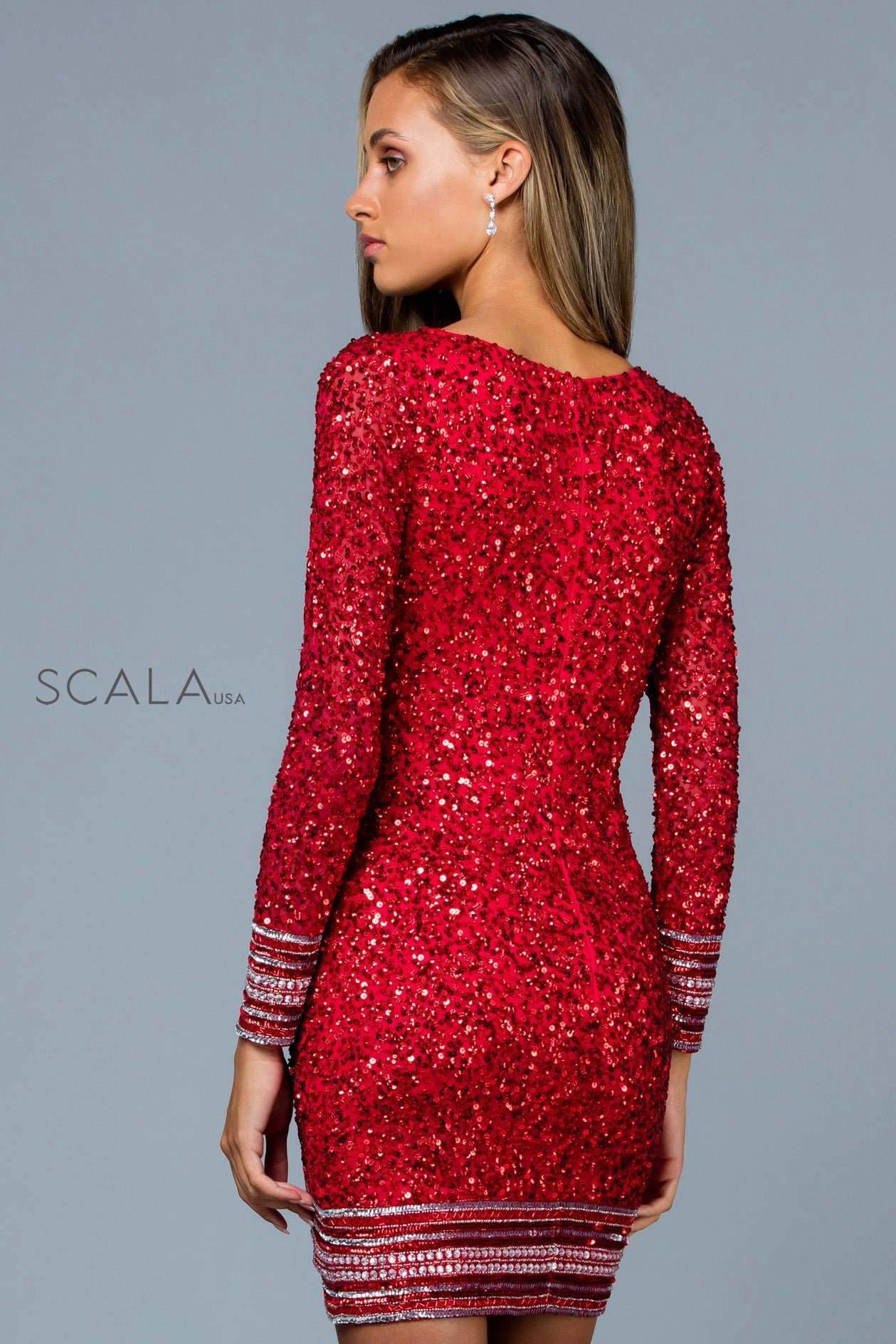 Cocktail Dresses Long Sleeve Sequins Fitted Short Cocktail Dress Red