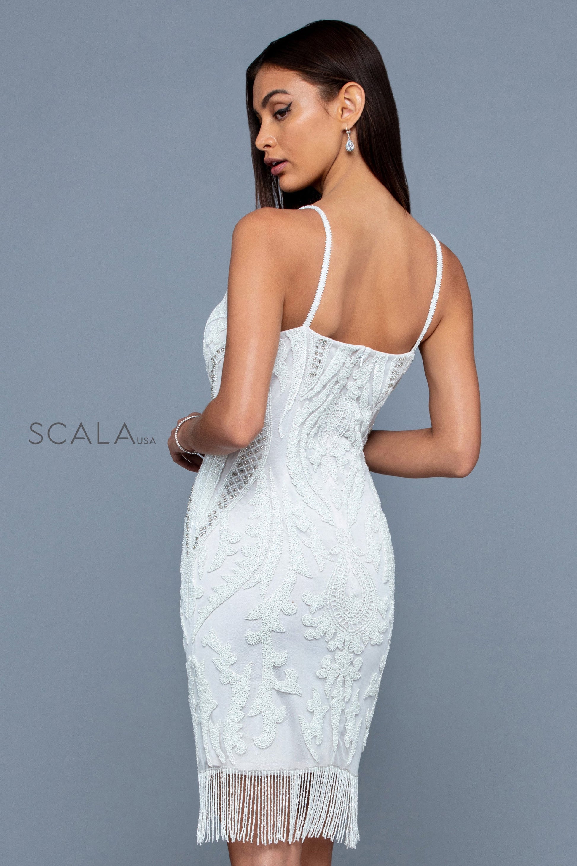 Scala 60239 Beaded Short Cocktail Fringe Dress