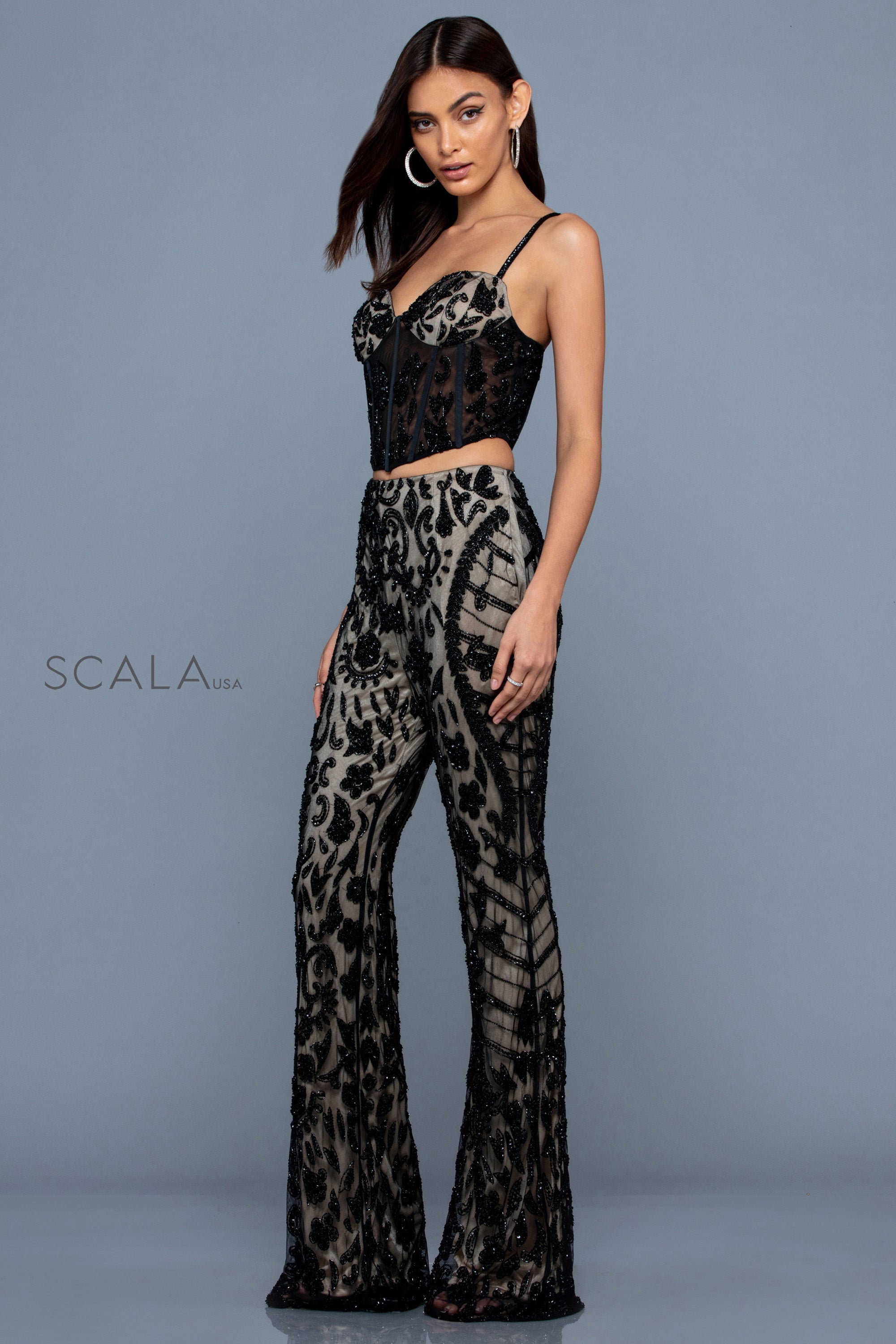 Sweetheart Crop Top Wide-Leg Beaded Pant Suit by Scala 60244 in Black/Nude