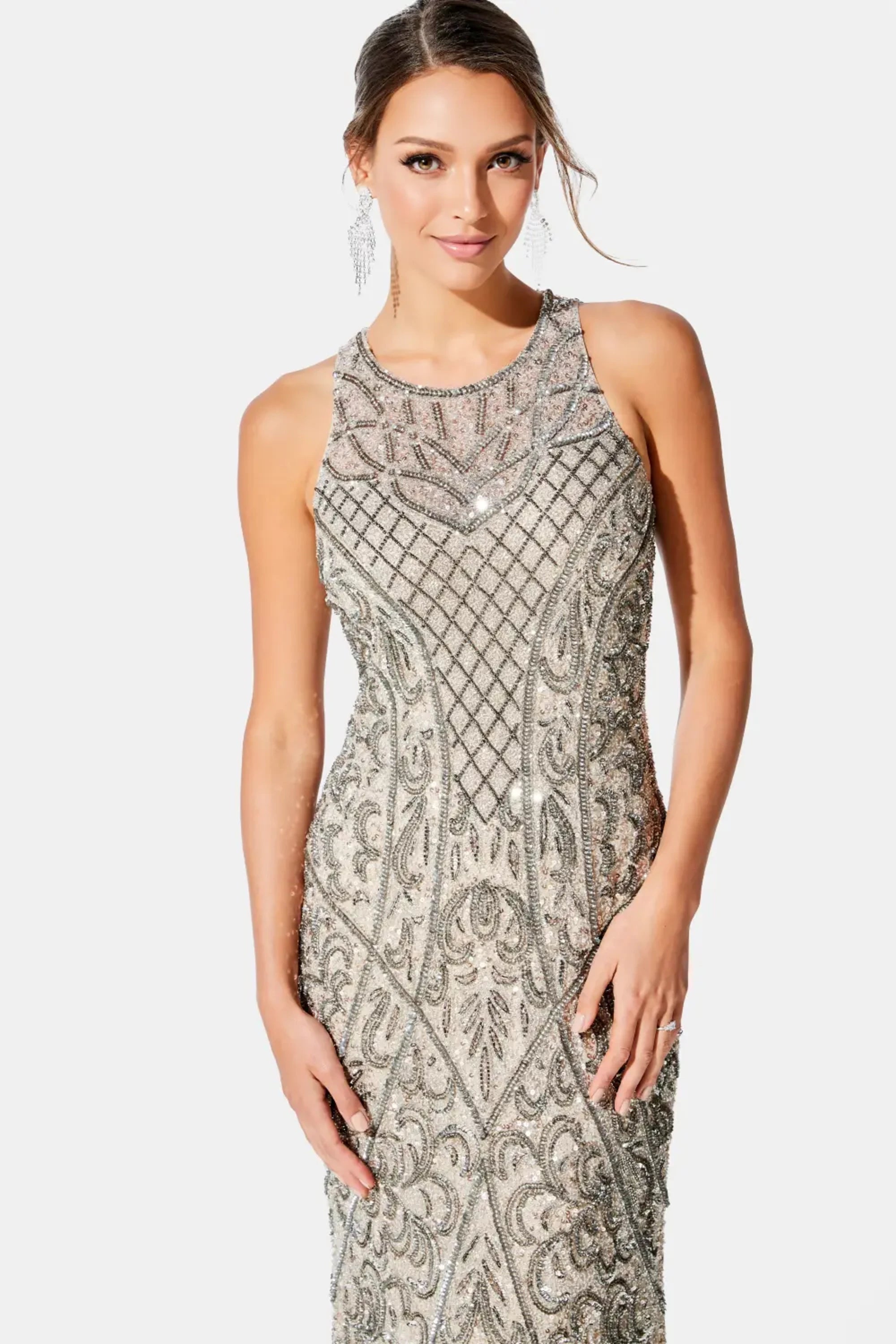 Formal Dresses Fitted Long Formal Beaded Evening Dress Oyster/Pewter