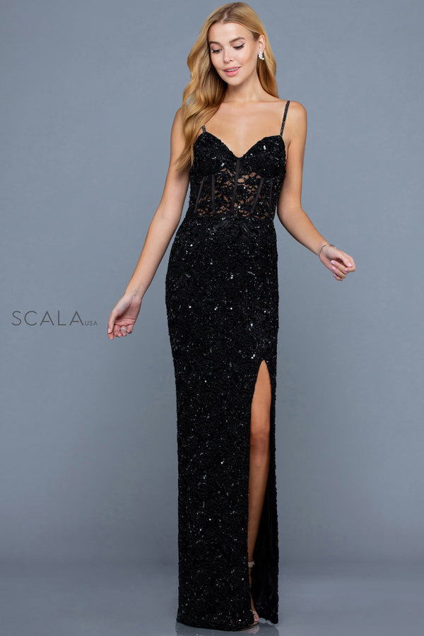 Scala 60256 Formal Long Lace Prom Fitted Dress
