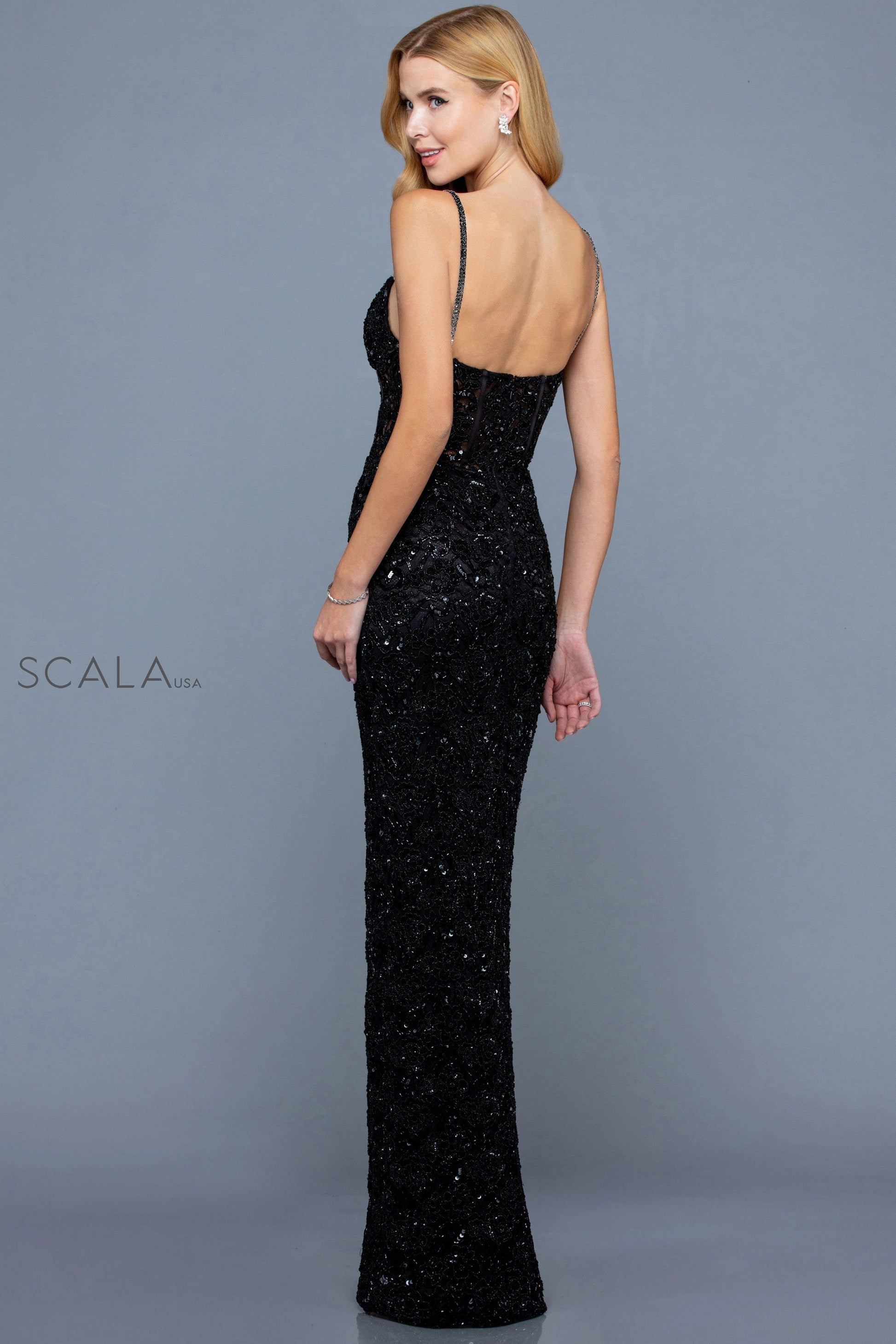 Scala 60256 Formal Long Lace Prom Fitted Dress