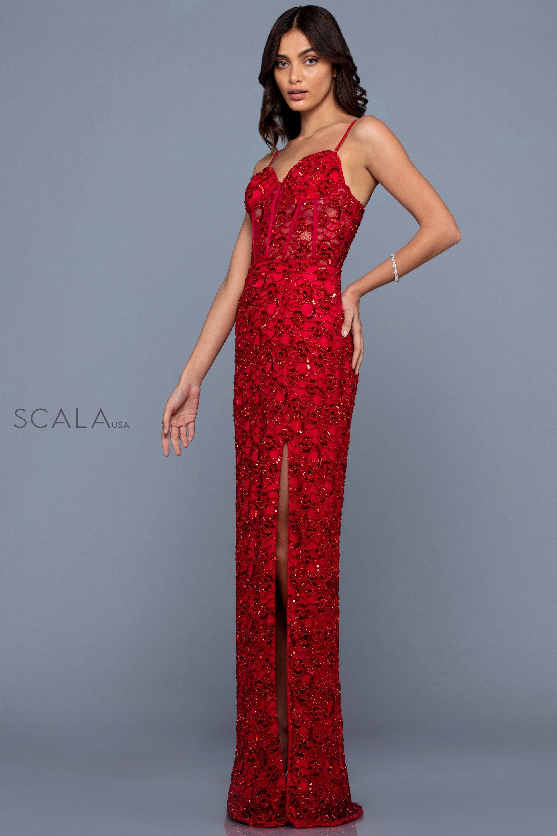 Scala 60256 Formal Long Lace Prom Fitted Dress