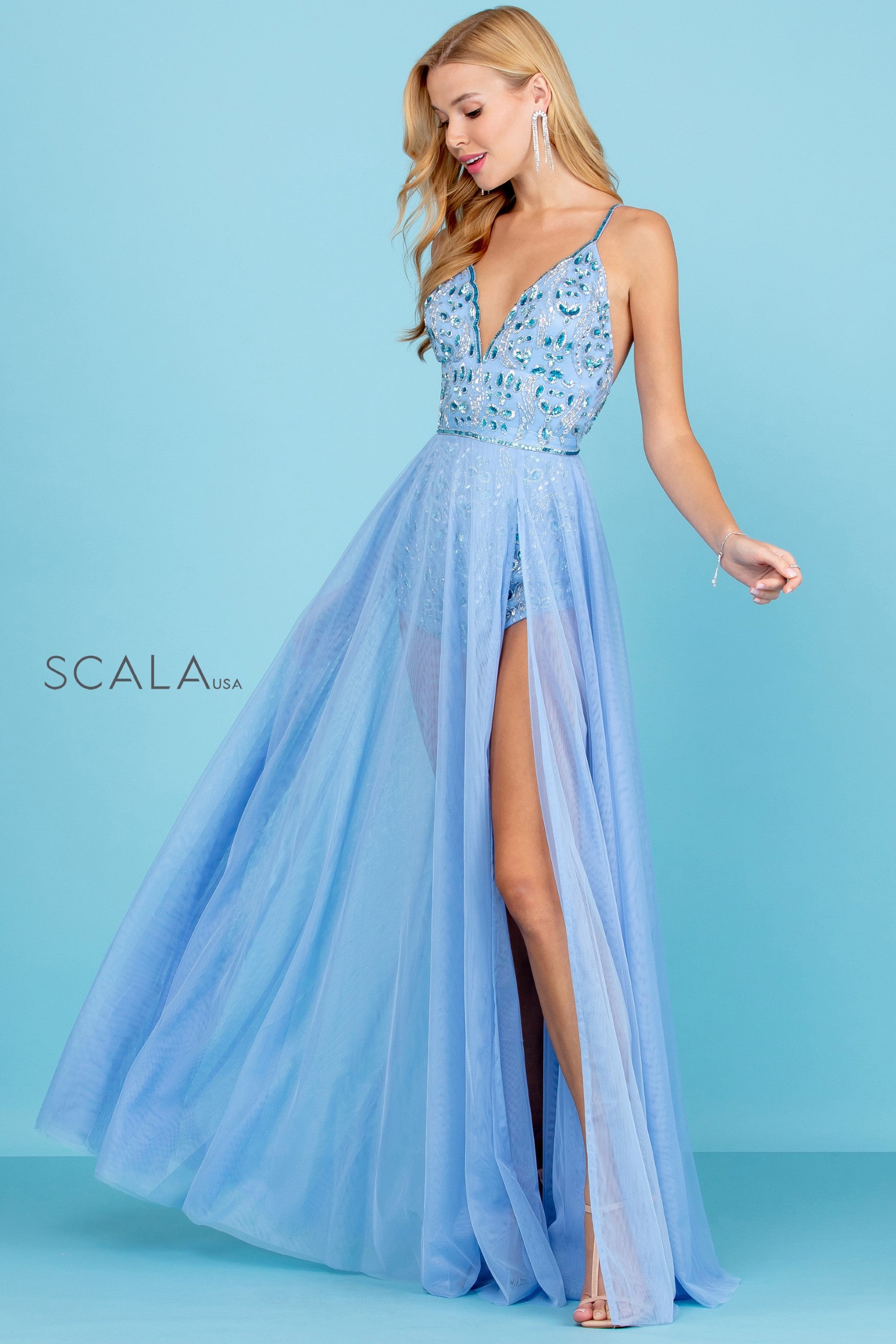 V-Neck Floor-Length Tulle Prom A-Line Scala 60262