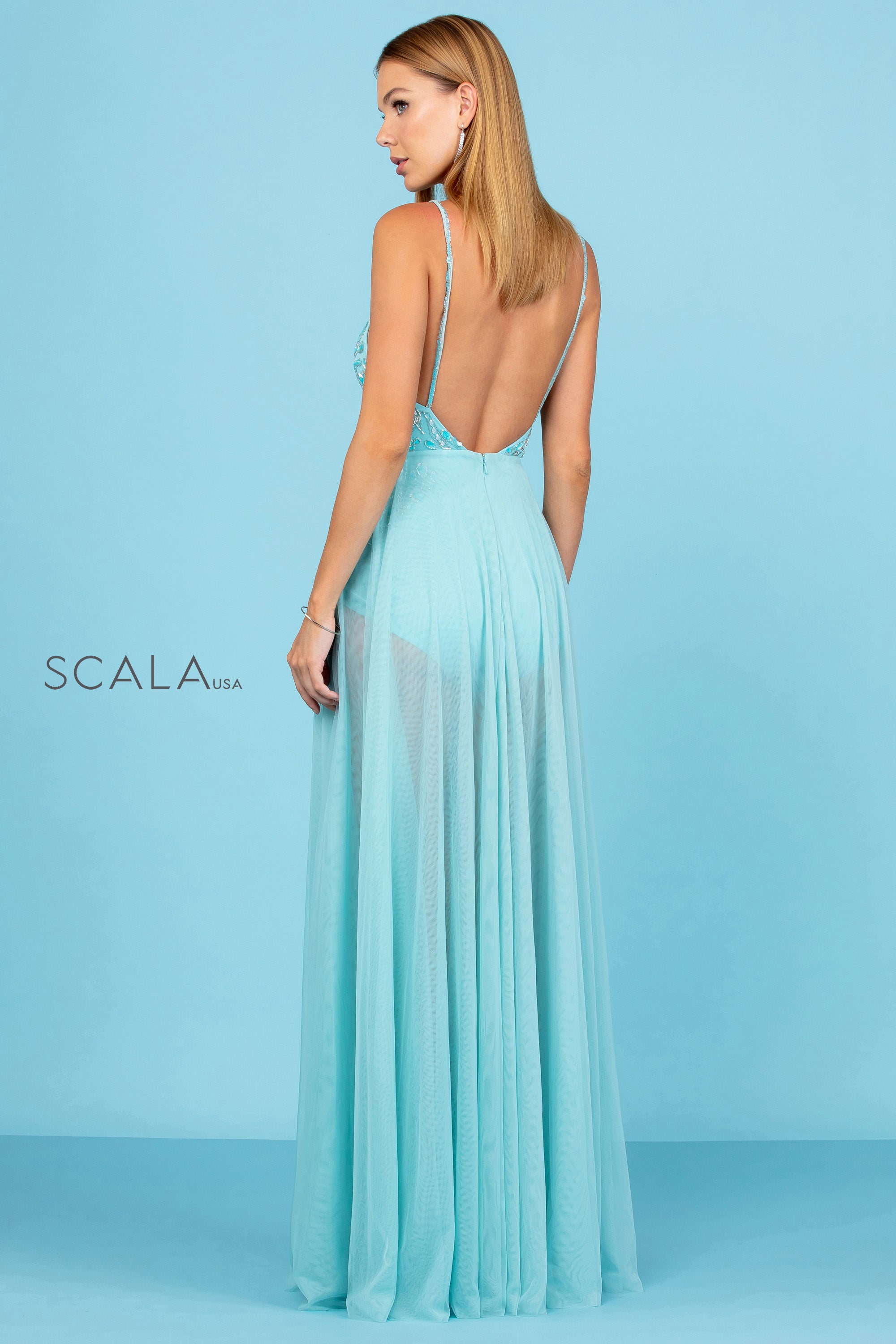 V-Neck Floor-Length Tulle Prom A-Line Scala 60262