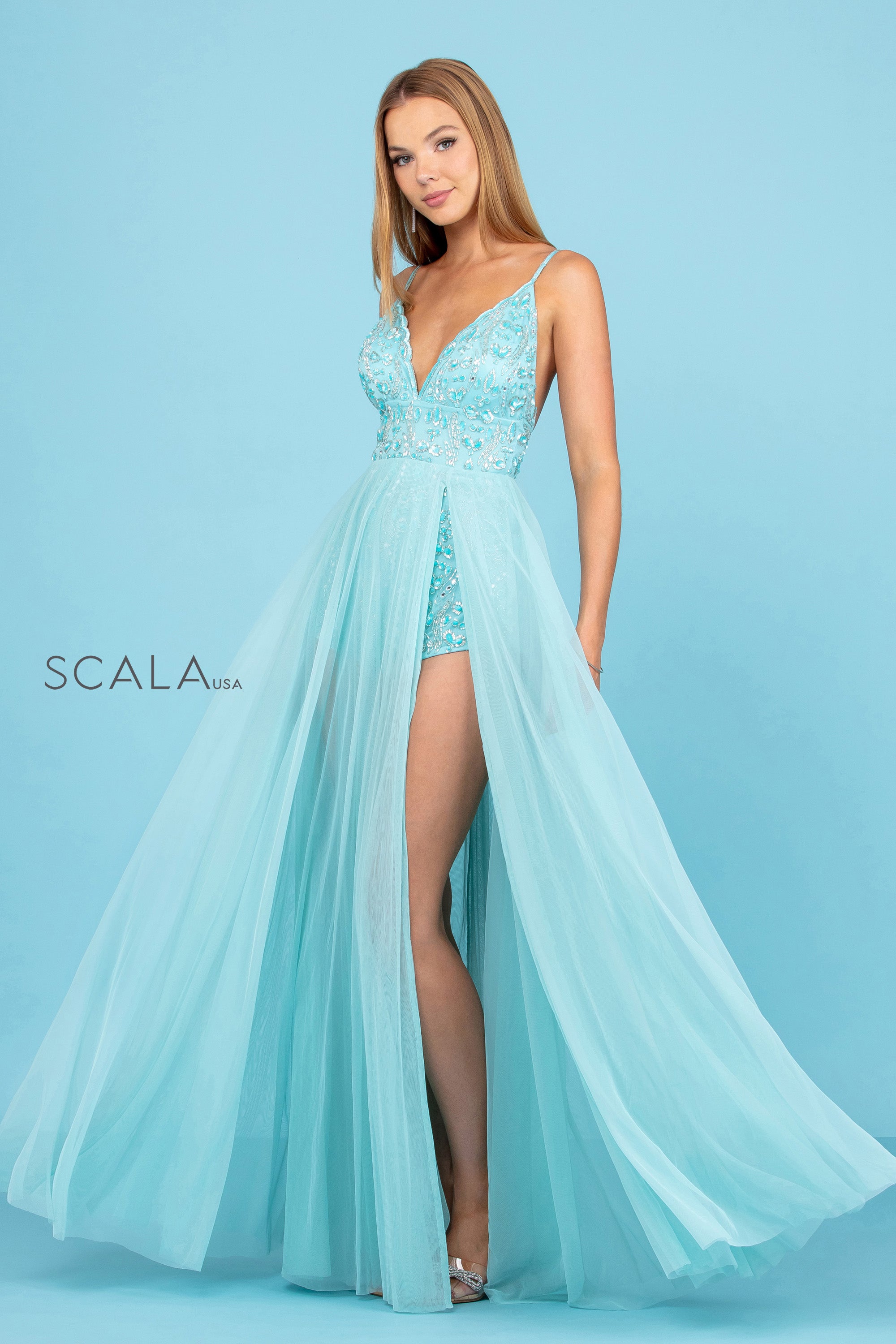 V-Neck Floor-Length Tulle Prom A-Line Scala 60262