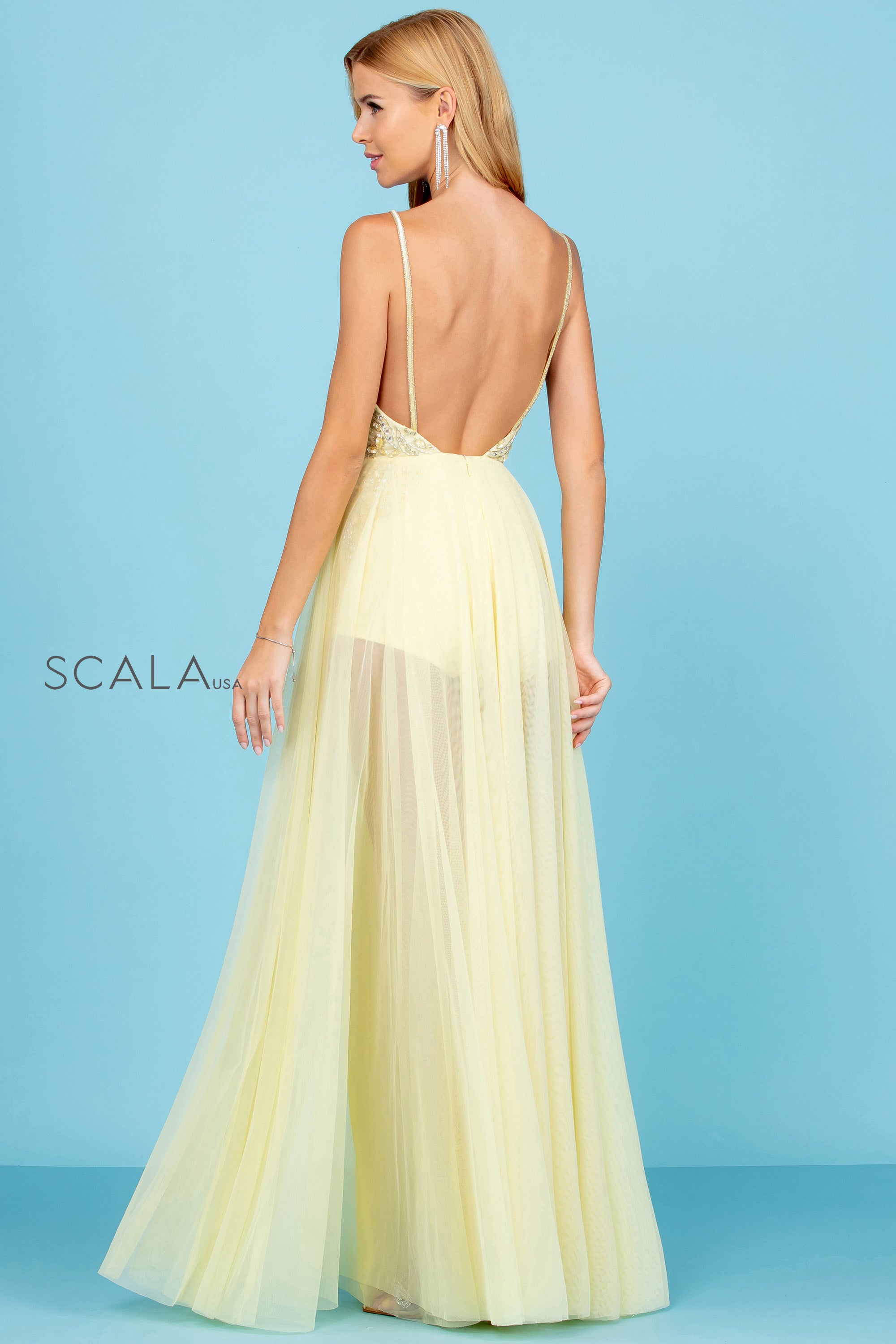 V-Neck Floor-Length Tulle Prom A-Line Scala 60262