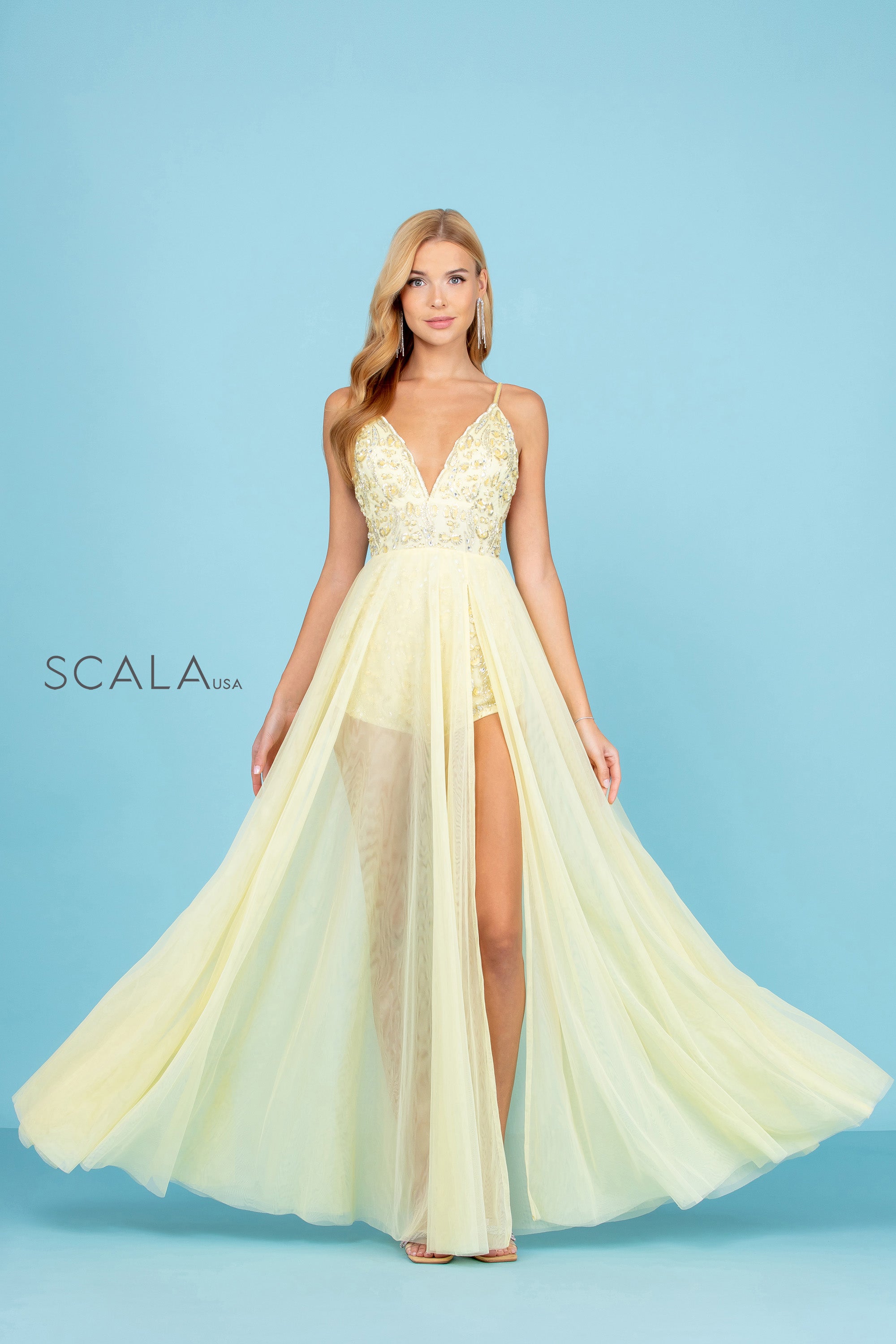 V-Neck Floor-Length Tulle Prom A-Line Scala 60262