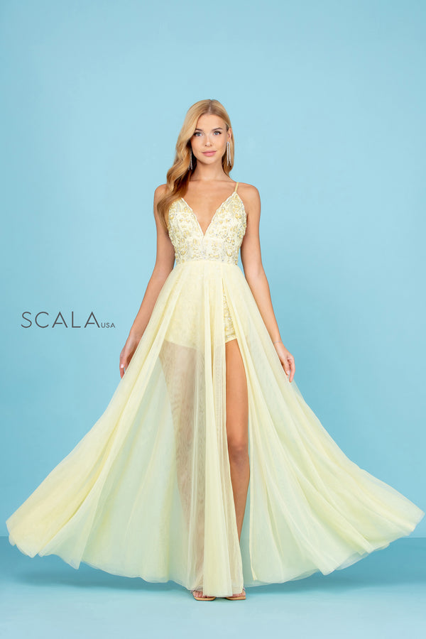 V-Neck Floor-Length Tulle Prom A-Line Scala 60262
