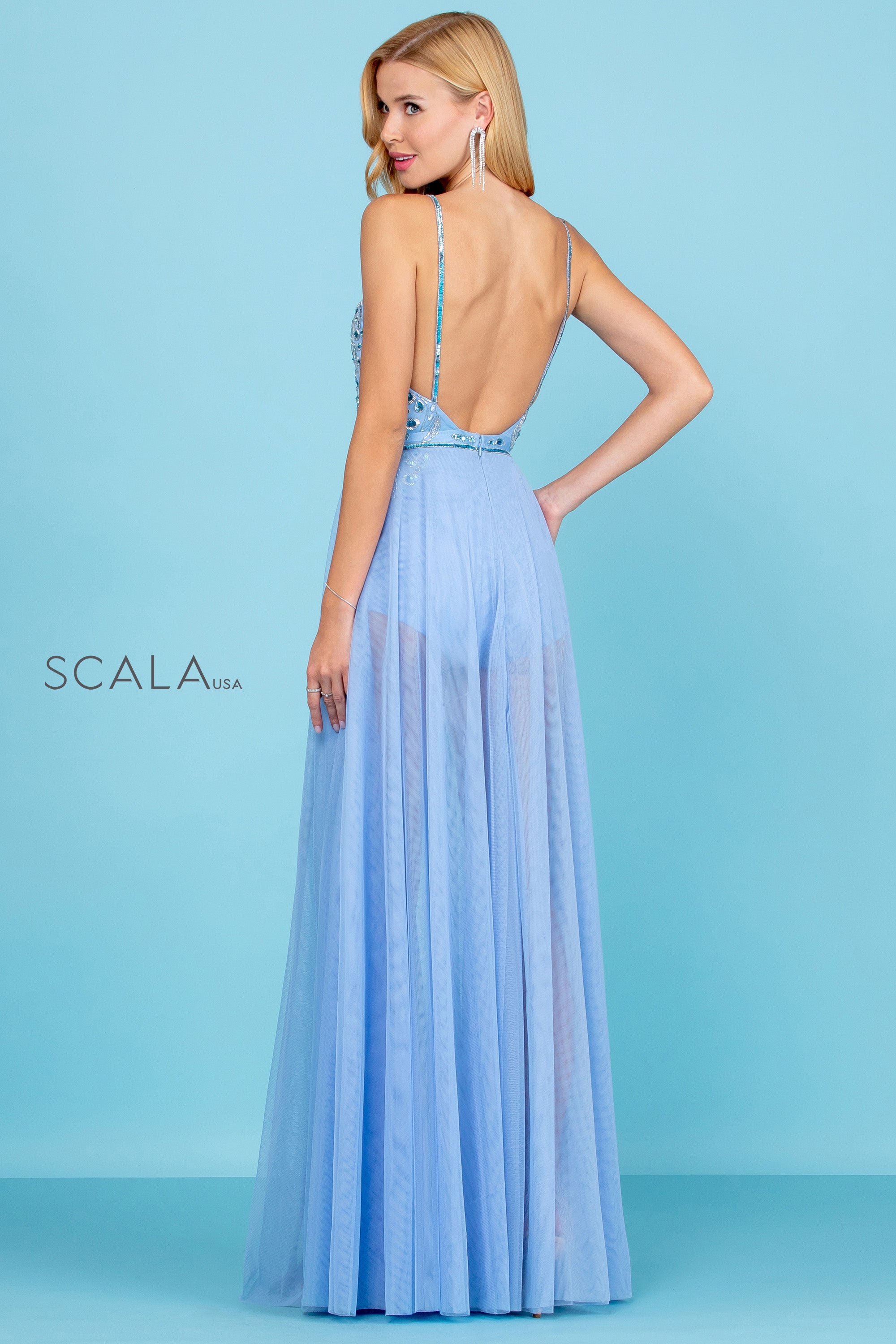 V-Neck Floor-Length Tulle Prom A-Line Scala 60262