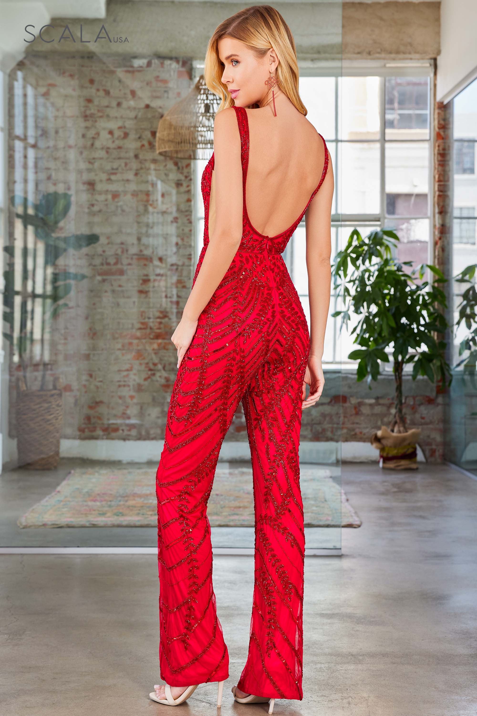 Jumpsuit Long Formal Beaded Pocket Jumpsuit Red