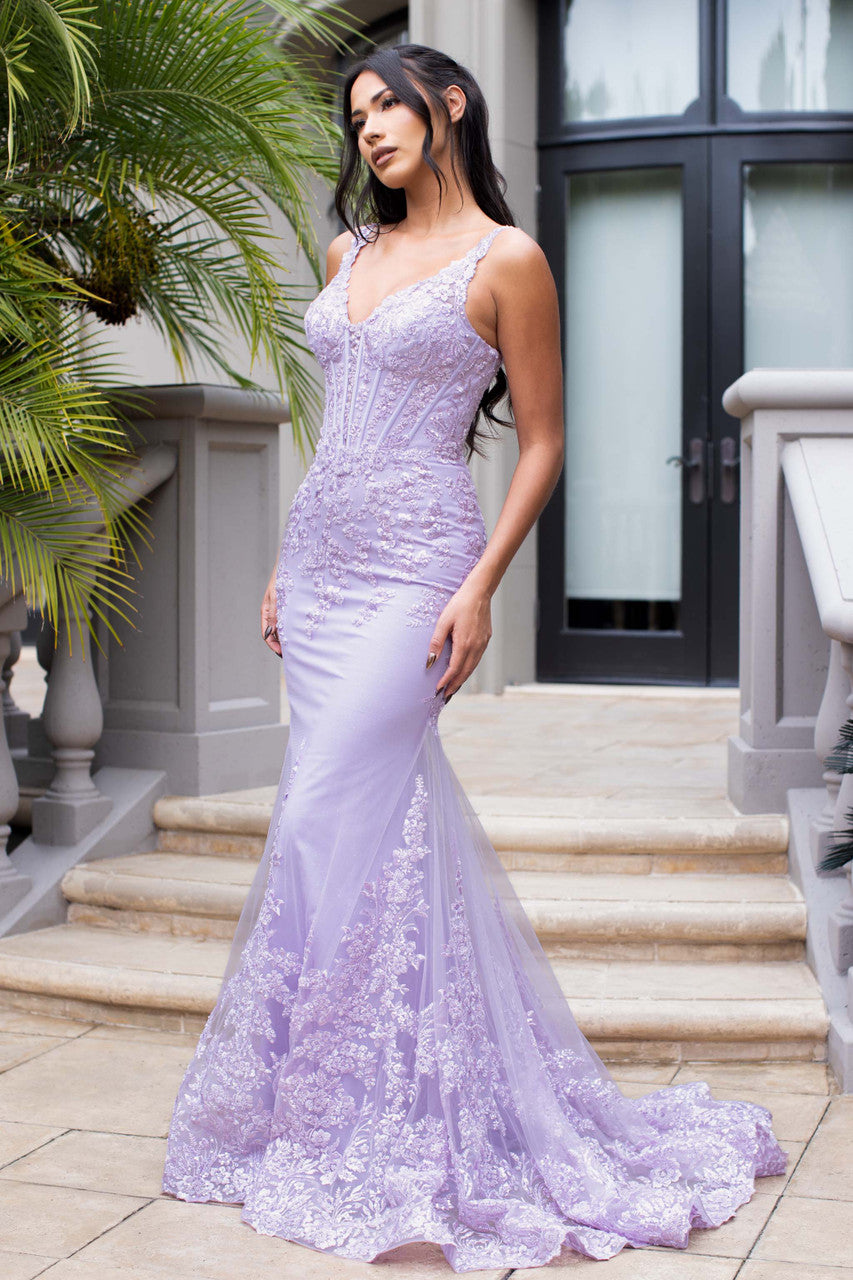 V-Neck Long Embroidered Mermaid Gown by Lenovia 8460 in Lilac