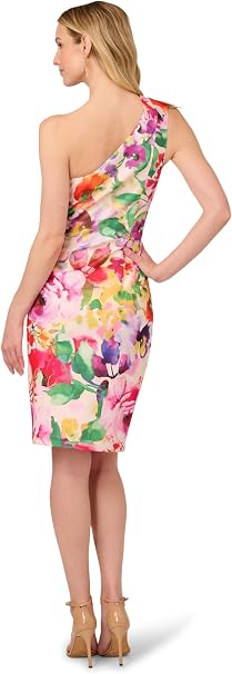 Pink Multi Adrianna Papell AP1D105829 One-Shoulder Short Floral Cocktail Dress with Bow