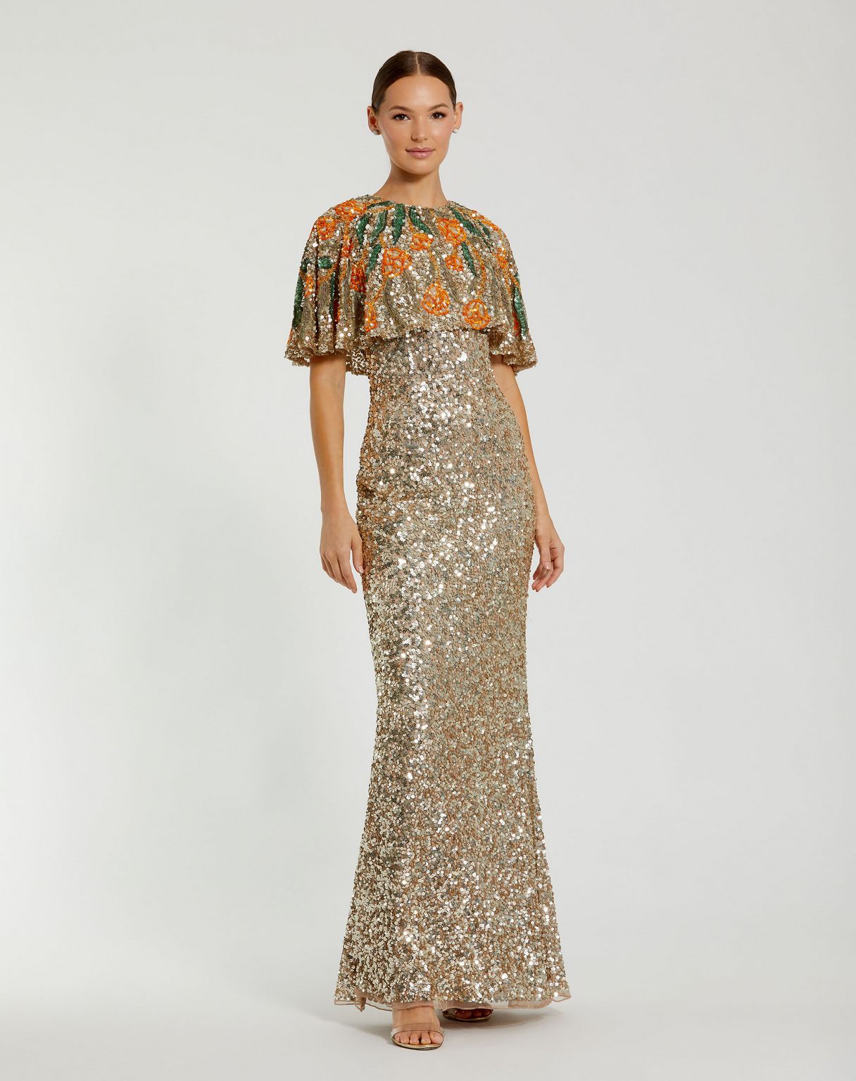 Mac Duggal - Gold Embellished Gown With Floral Beaded Shawl - Gold Multi / US 8 Mac Duggal - Gold Embellished Gown With Floral Beaded Shawl - Gold Multi / US 8