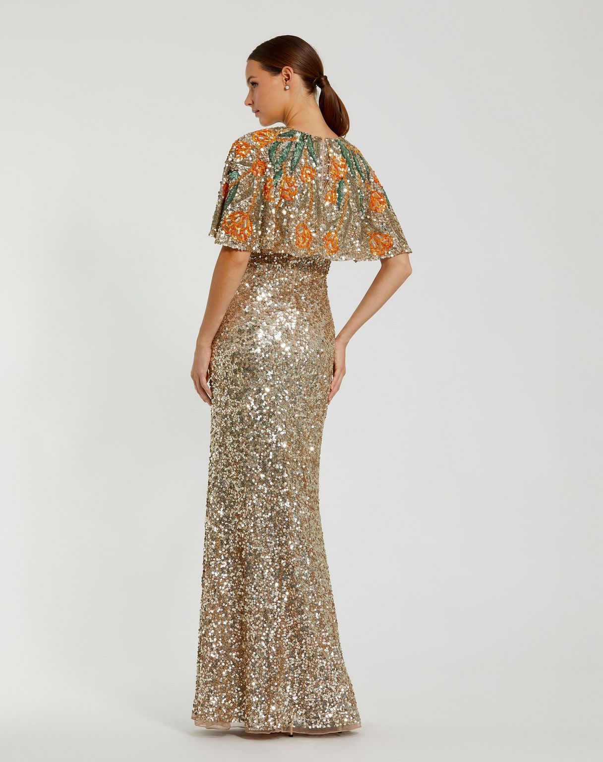 Gold Multi Mac Duggal 6120 Sequin Long Formal Floral Beaded Evening