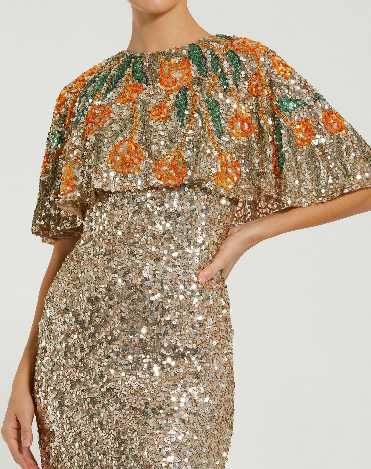 Mac Duggal - Gold Embellished Gown With Floral Beaded Shawl - Gold Multi / US 8 Mac Duggal - Gold Embellished Gown With Floral Beaded Shawl - Gold Multi / US 8