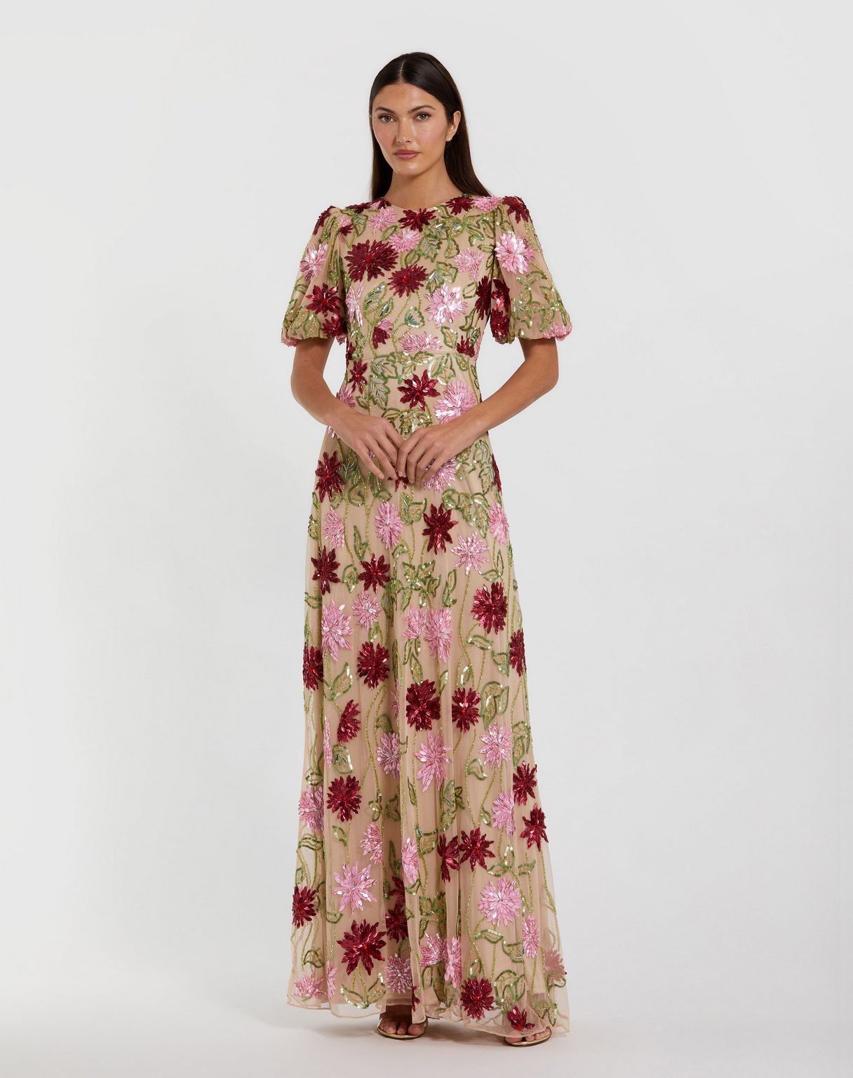 Mac Duggal - Beige Floral Beaded Mesh Puff Sleeve Gown - Nude Multi / US 4 Mac Duggal - Beige Floral Beaded Mesh Puff Sleeve Gown - Nude Multi / US 4