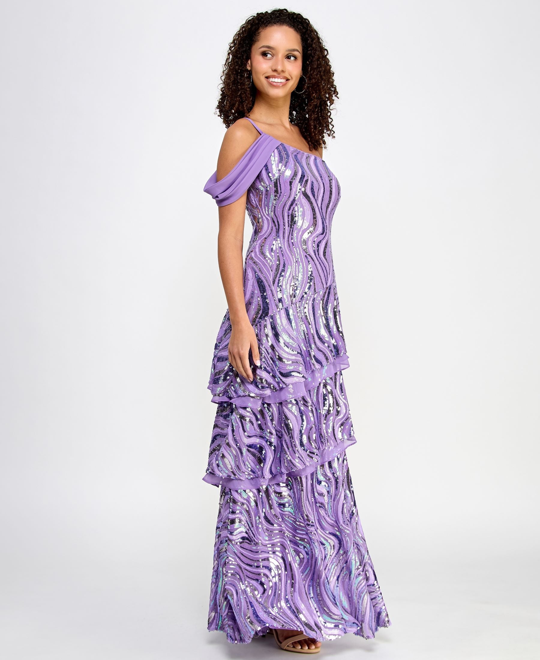 Morgan & Co 6129J Long Tiered Sequin Formal Prom Dress