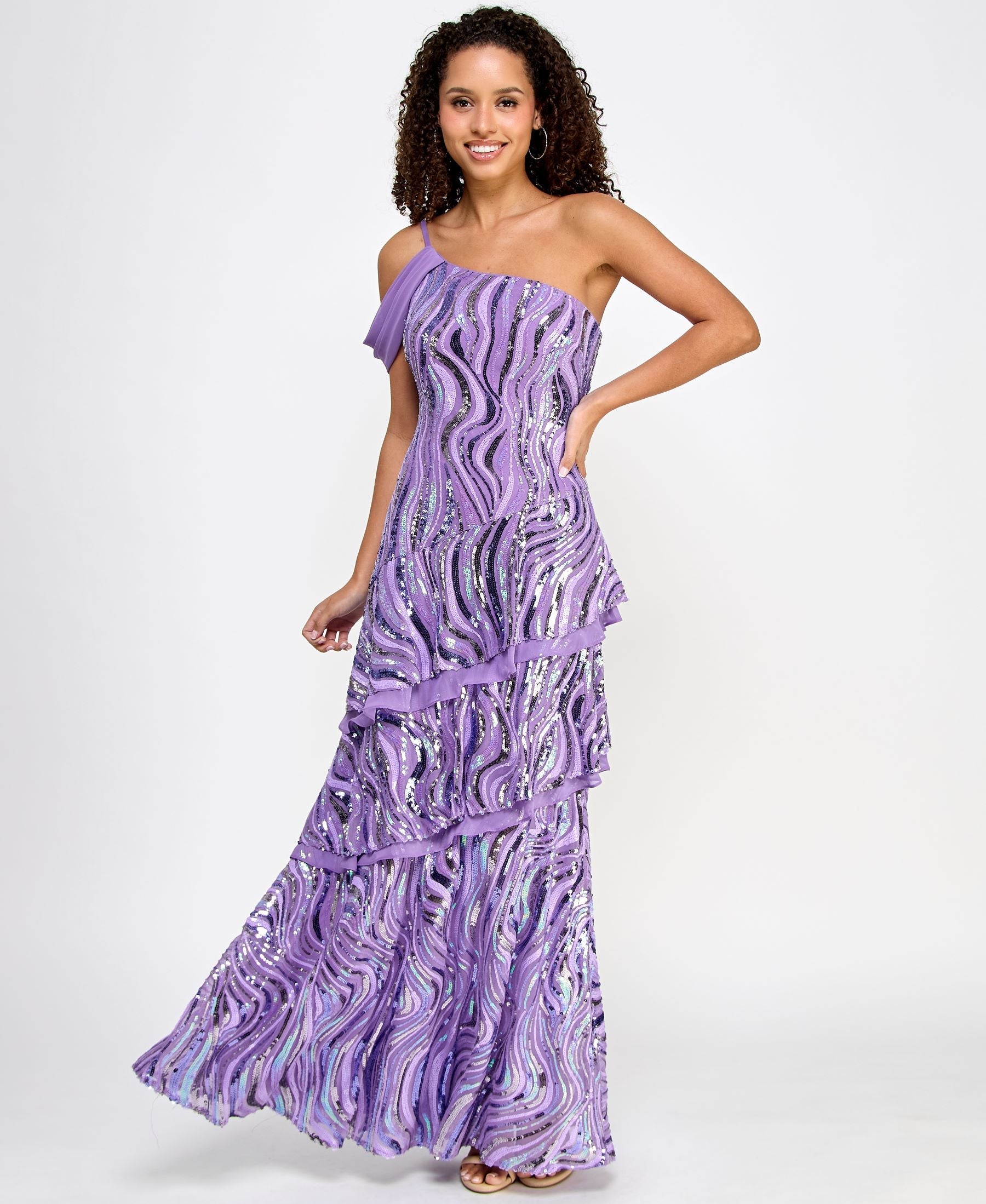 Morgan & Co 6129J Long Tiered Sequin Formal Prom Dress