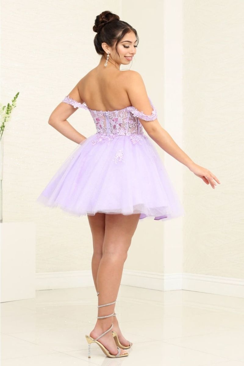 off the shoulder mini tulle dress May Queen Mq2091 Off-Shoulder Corset Floral Cocktail Dress