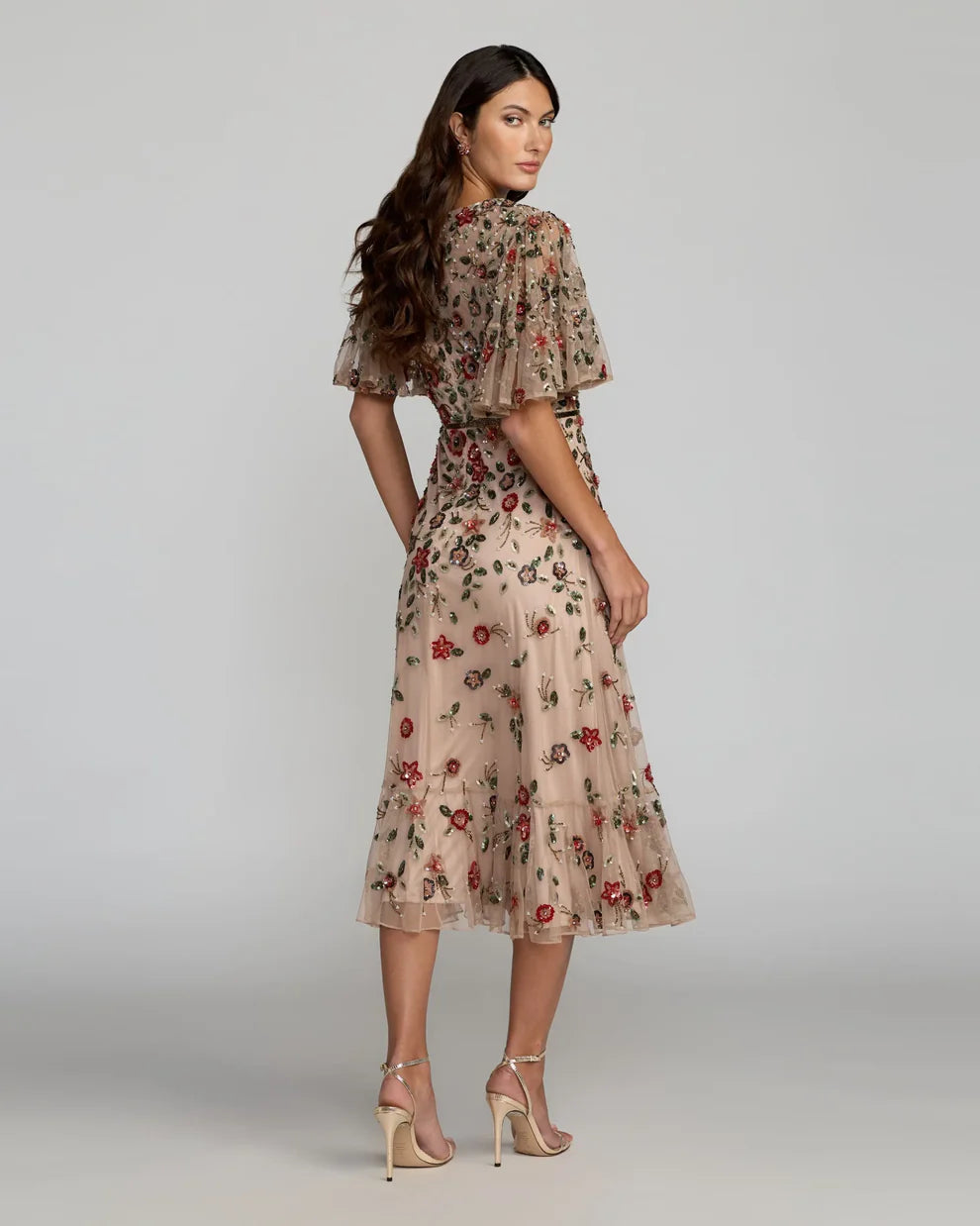 agaci midi dress Mac Duggal Floral Beaded Mesh Flutter Sleeve Midi Dress, Womens, 16, Antique Rose