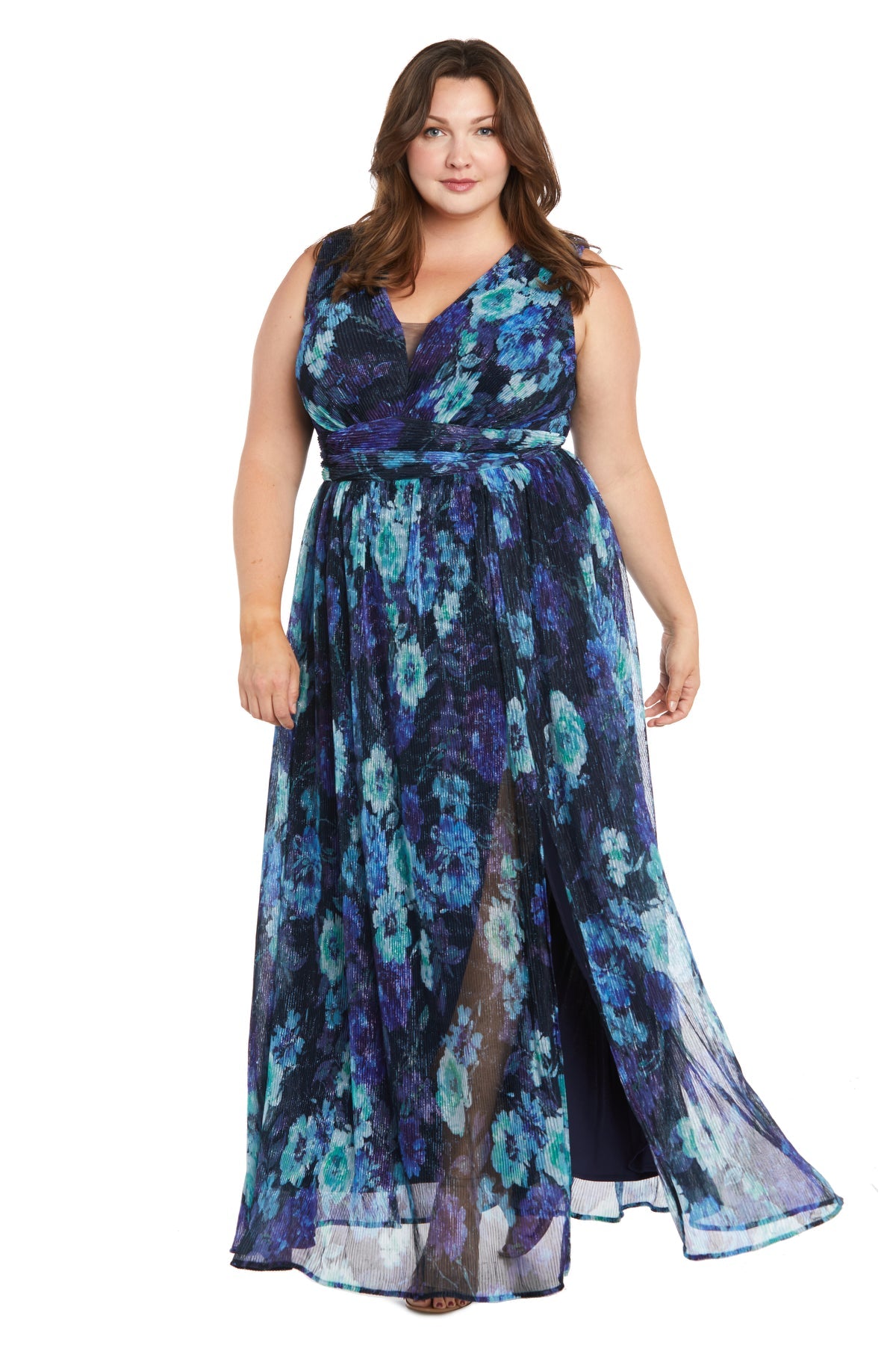 R&M Richards 6165W Long Floral Pleated Formal Plus Size Dress
