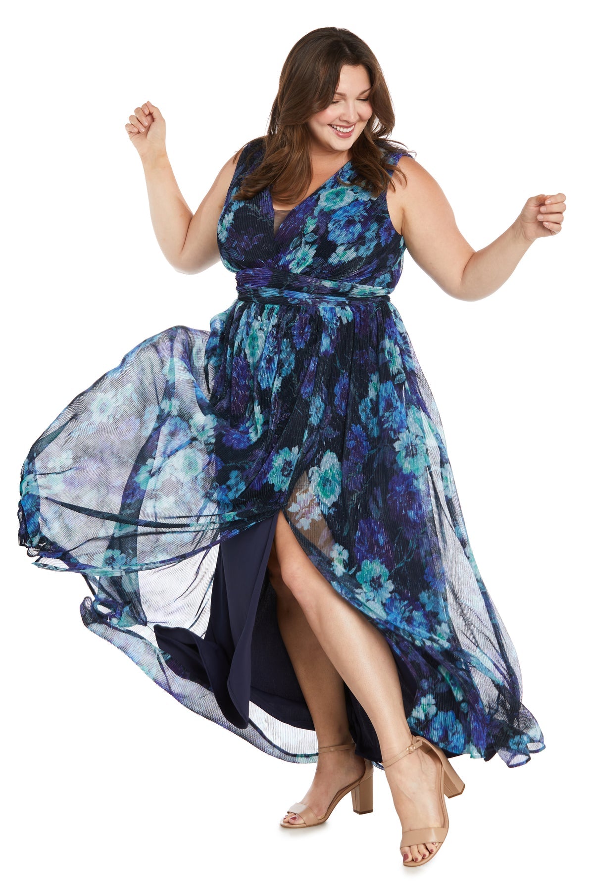 R&M Richards 6165W Long Floral Pleated Formal Plus Size Dress