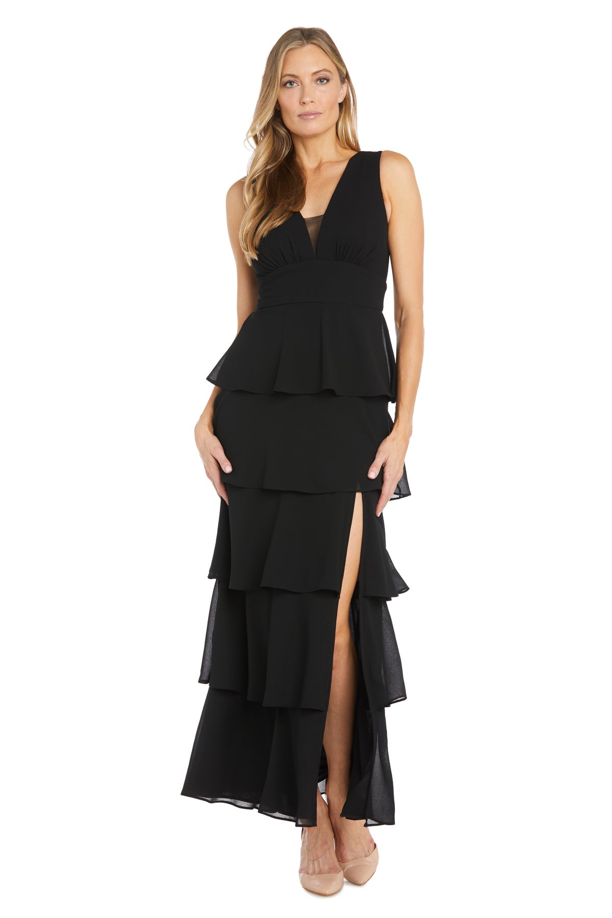 classy maxi dresses Long Formal Dress Layered Slit Maxi R&M Richards 6166 – The Dress Outlet
