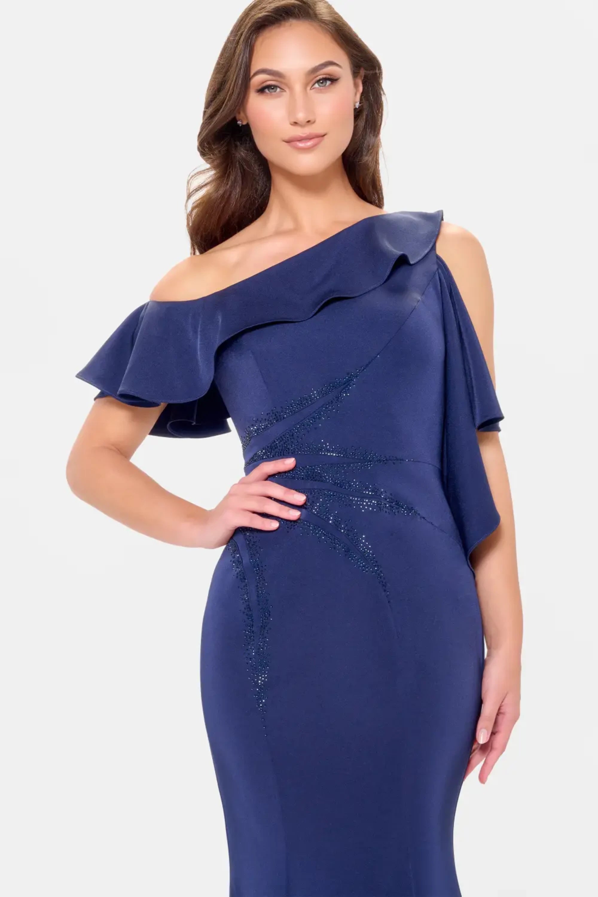 Formal Dresses Formal Beaded Long Ruffle Evening Dress Navy Blue