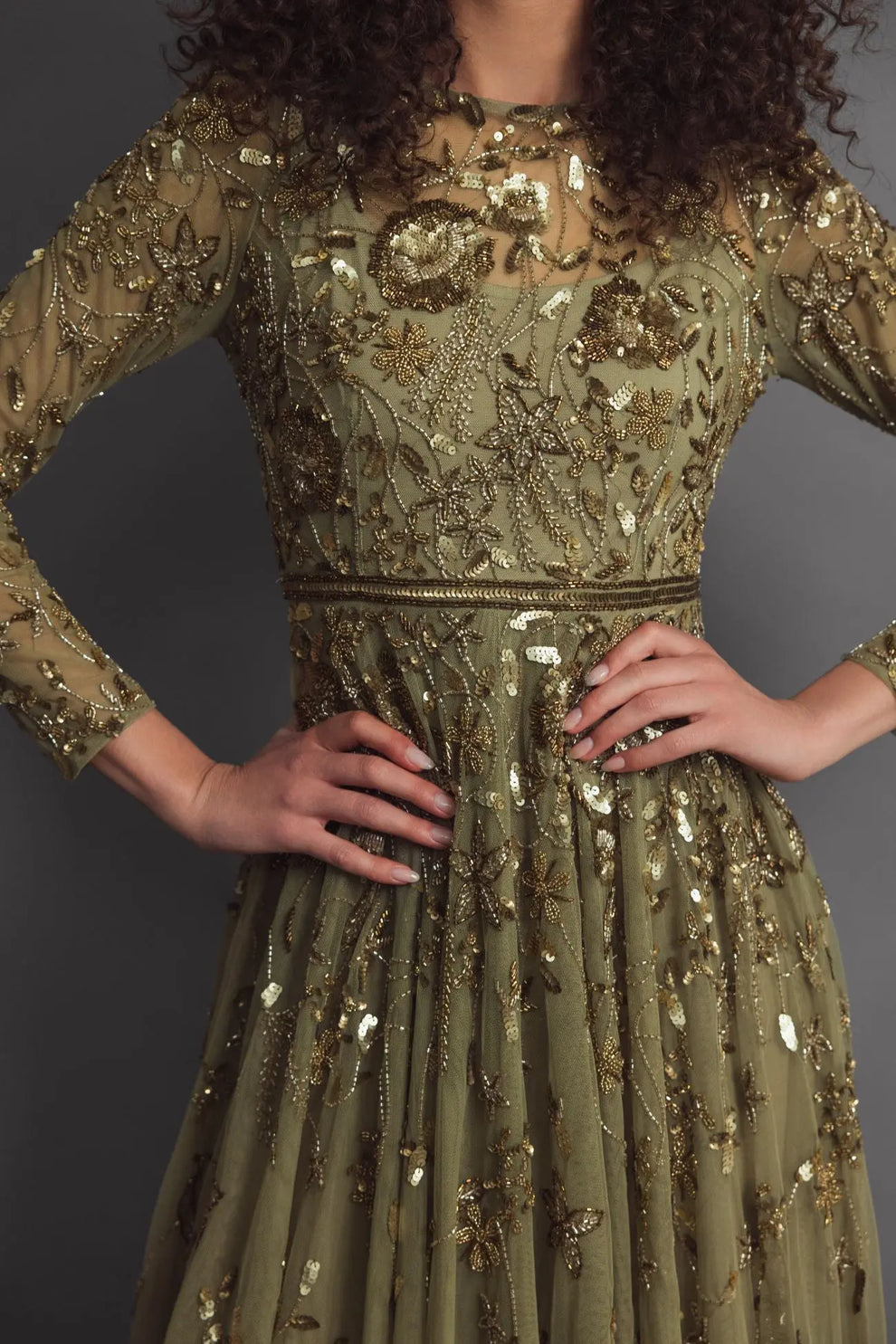 slim fit dress slacks Mac Duggal Women's Long Sleeve Hand Embellished Floral A-Line Gown - Green