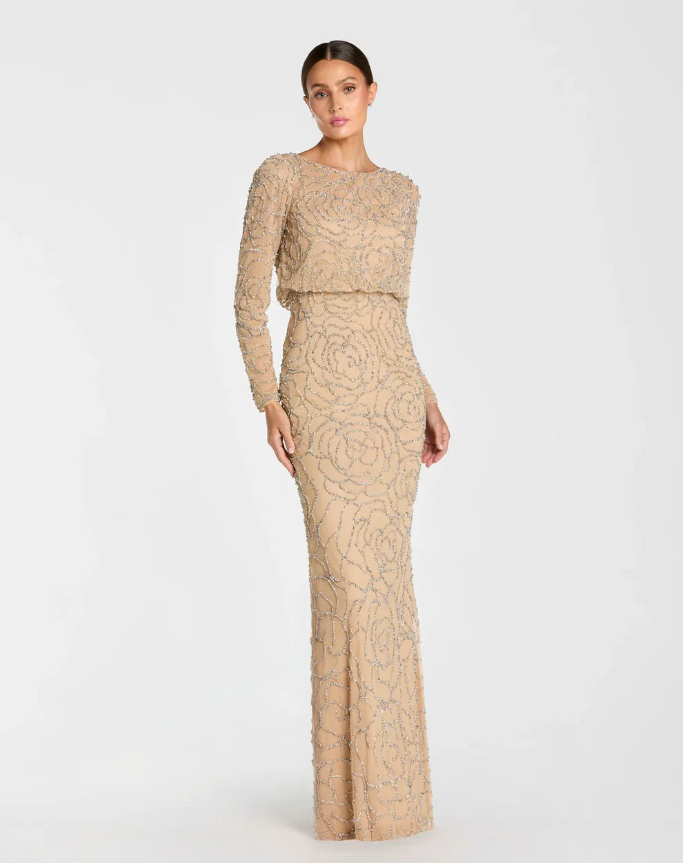 Mother of the Bride Dresses Fitted Long Formal Beaded Mother of the Bride Dress Nude Silver