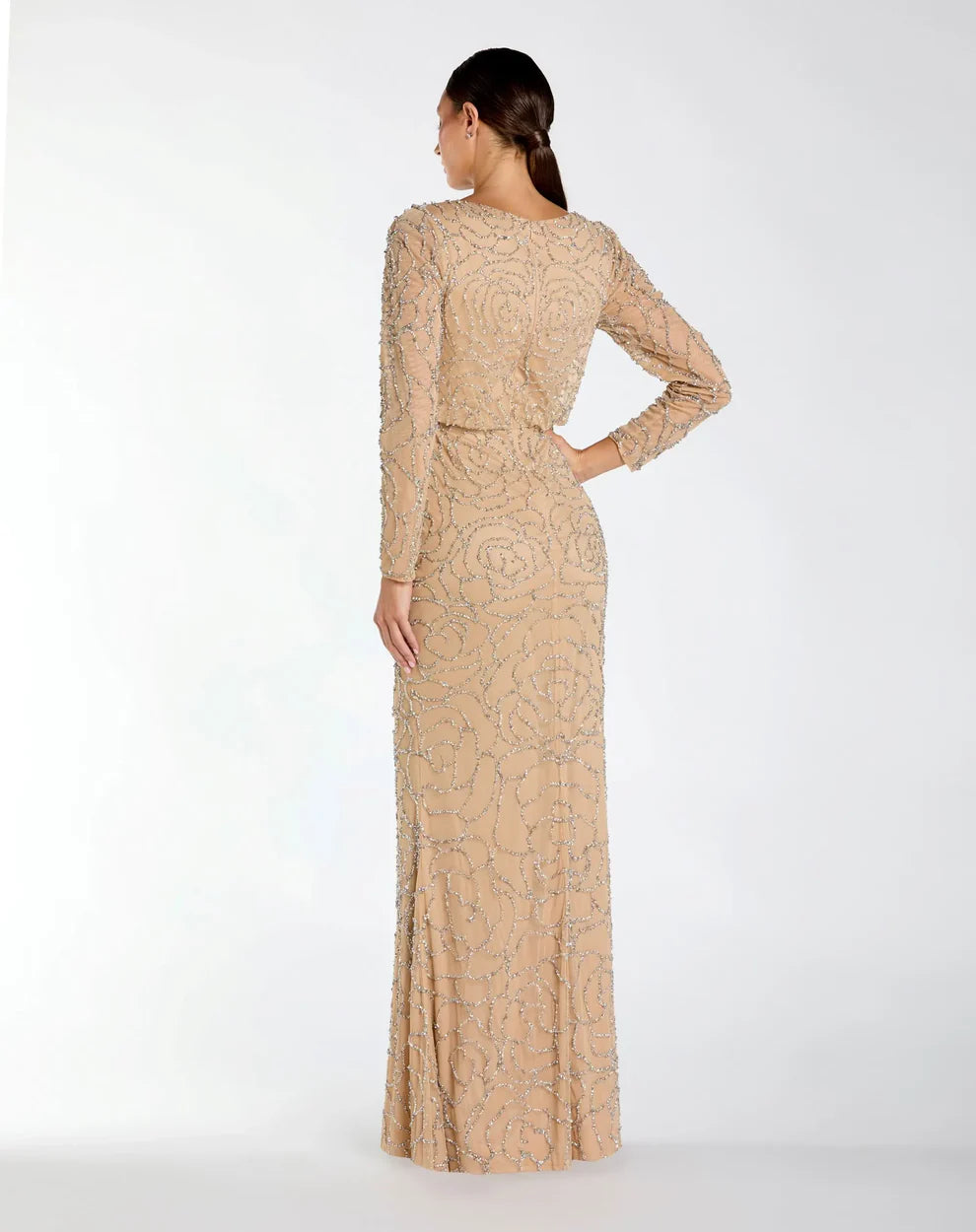 Mother of the Bride Dresses Fitted Long Formal Beaded Mother of the Bride Dress Nude Silver