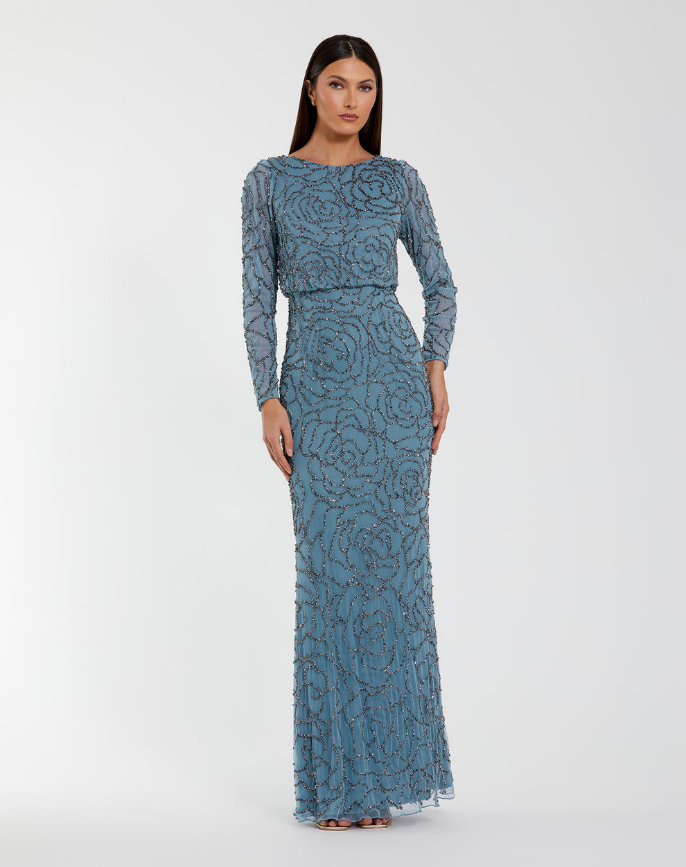 Mother of the Bride Dresses Fitted Long Formal Beaded Mother of the Bride Dress Smoky Blue