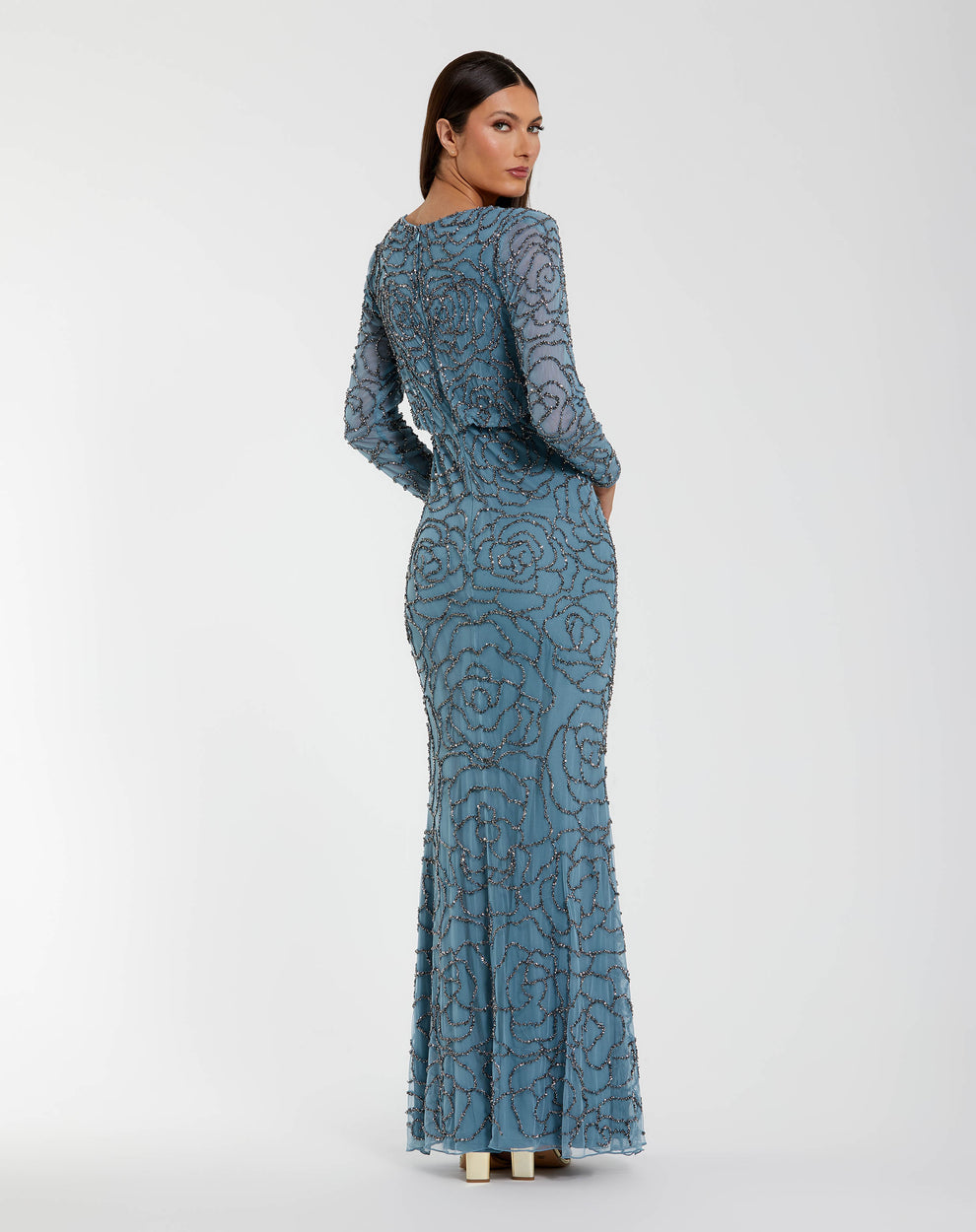Mother of the Bride Dresses Fitted Long Formal Beaded Mother of the Bride Dress Smoky Blue