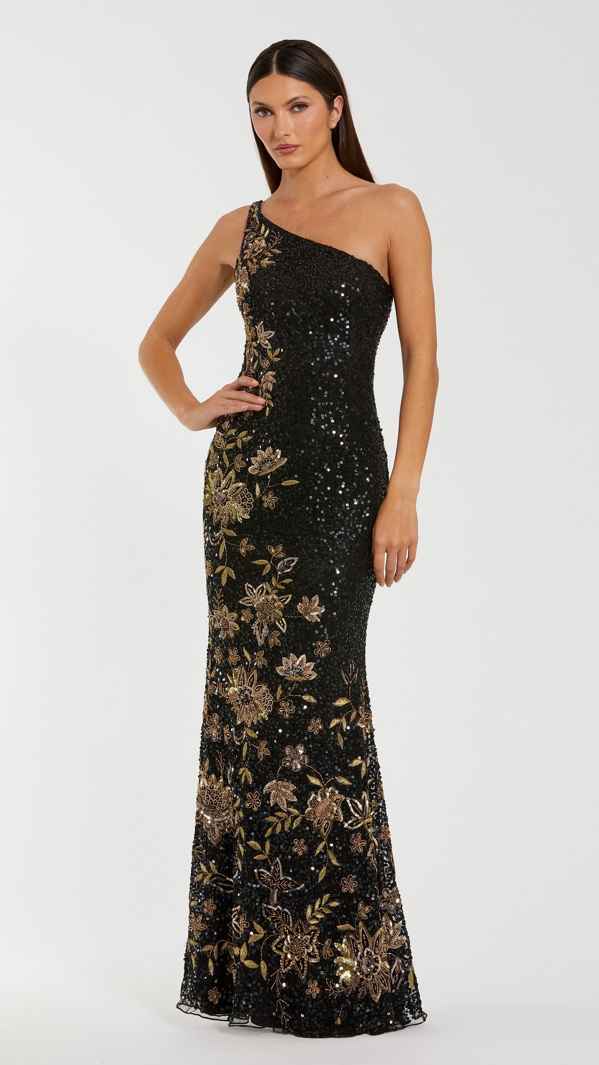 Mac Duggal style 6199 in Black Gold, front view