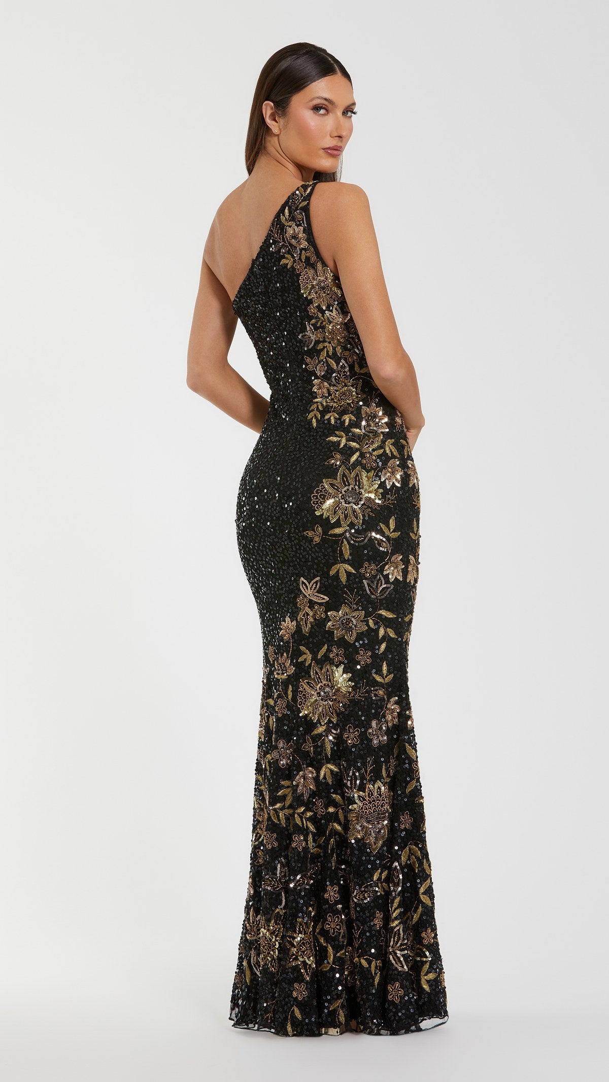 Mac Duggal style 6199 in Black Gold, back view