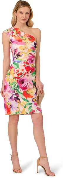 Pink Multi Adrianna Papell AP1D105829 One-Shoulder Short Floral Cocktail Dress with Bow