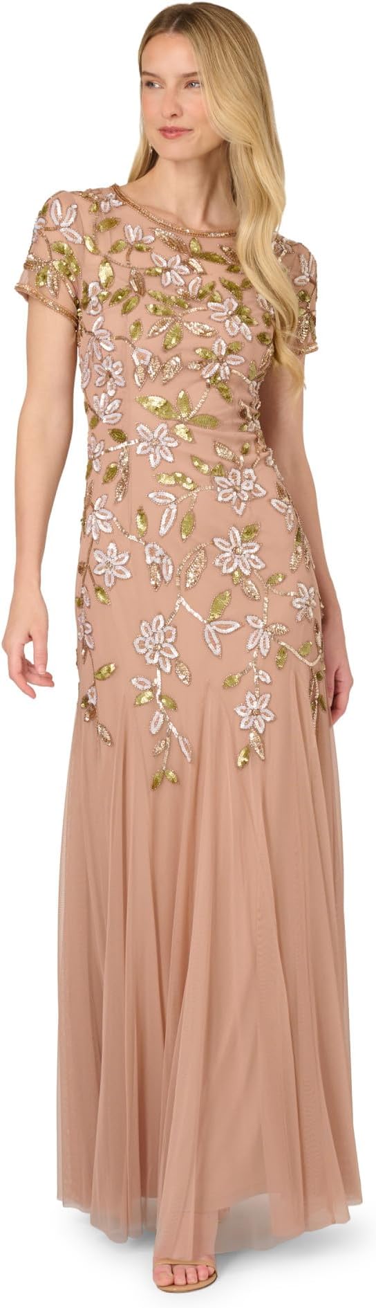 Crew/High-Neck Floor-Length Tulle Formal A-Line Adrianna Papell AP1E212960