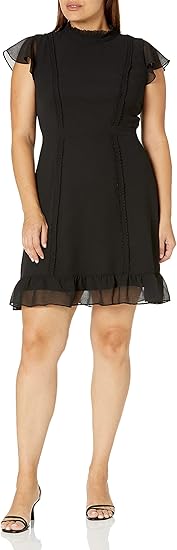 High Neck Mini Chiffon Cocktail A-Line Dress with Ruffle Hem and Flutter Sleeves Adrianna Papell AP1D102566