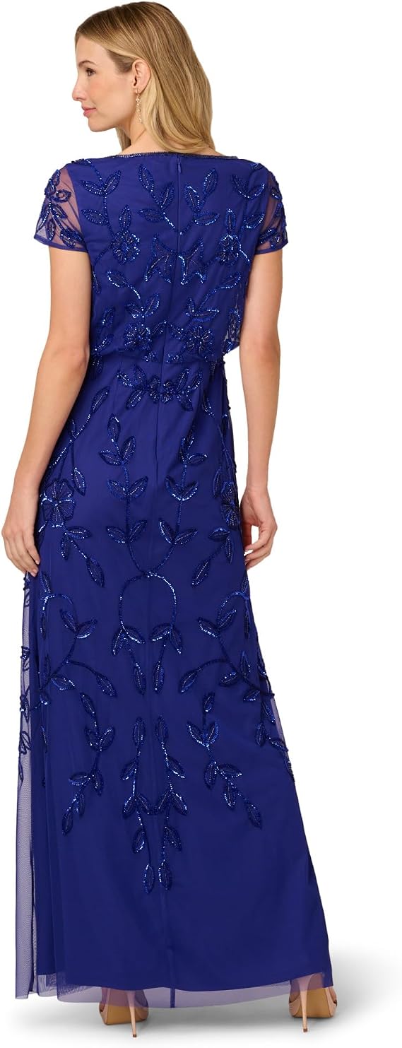 Dark Blue Violet Adrianna Papell AP1E211232 Bateau Long Mesh Evening Dress Allover Beaded Vine
