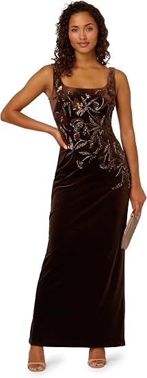 Espresso Adrianna Papell AP1E212299 Scoop-Neck Short Velvet Formal Sequin Dress