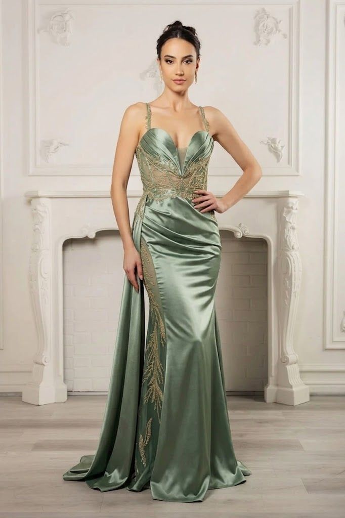 Sage Sweetheart Floor-Length Satin Prom Dress Side Drape May Queen RQ8103