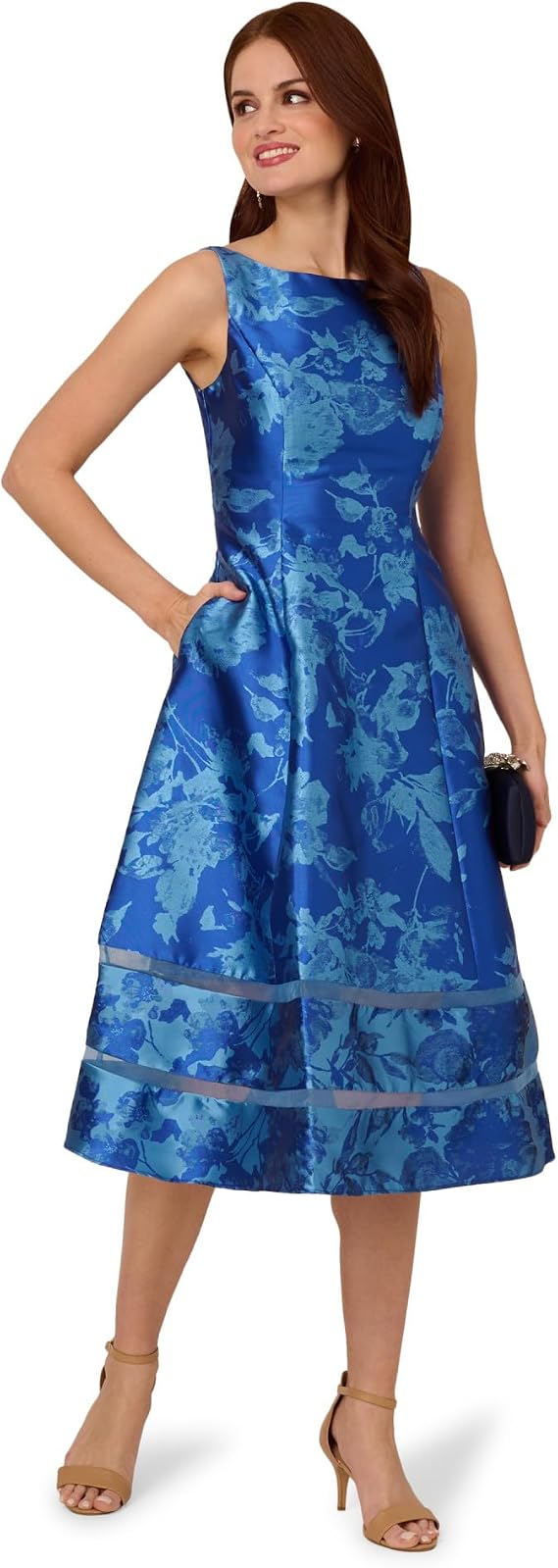 Blue Multi Adrianna Papell AP1E211980W Bateau Short Jacquard Cocktail Dress