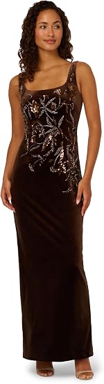Espresso Adrianna Papell AP1E212299 Scoop-Neck Short Velvet Formal Sequin Dress