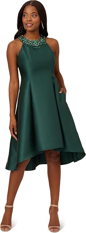Dark Forest Adrianna Papell AP1E201904 Jeweled High-Neck Satin Cocktai Dress High-Low