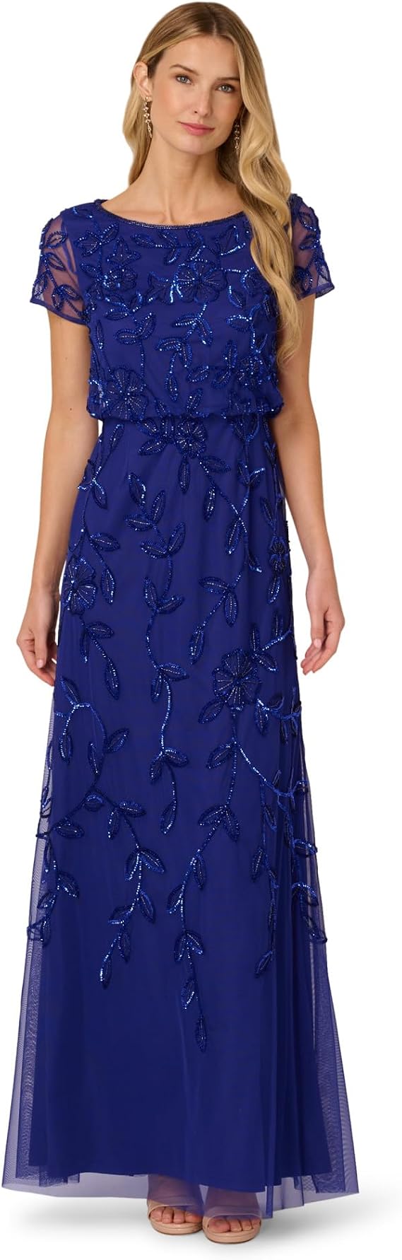 Dark Blue Violet Adrianna Papell AP1E211232 Bateau Long Mesh Evening Dress Allover Beaded Vine
