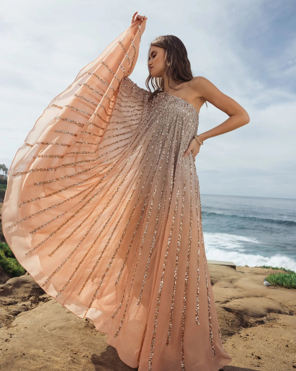 Champagne Gold One-Shoulder Asymmetrical Chiffon Sequin Cocktail Kaftan Dress Mac Duggal 6204