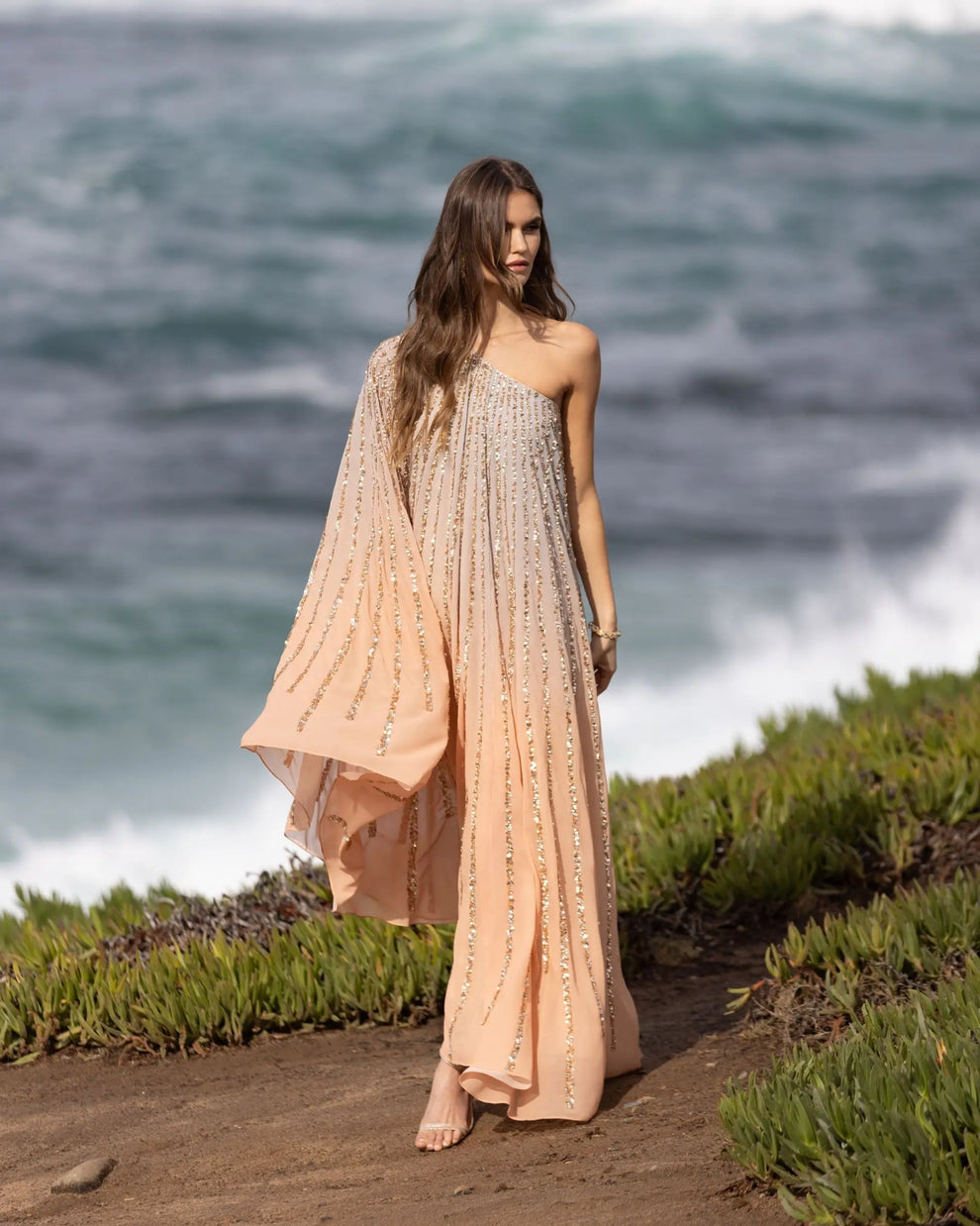 Champagne Gold One-Shoulder Asymmetrical Chiffon Sequin Cocktail Kaftan Dress Mac Duggal 6204